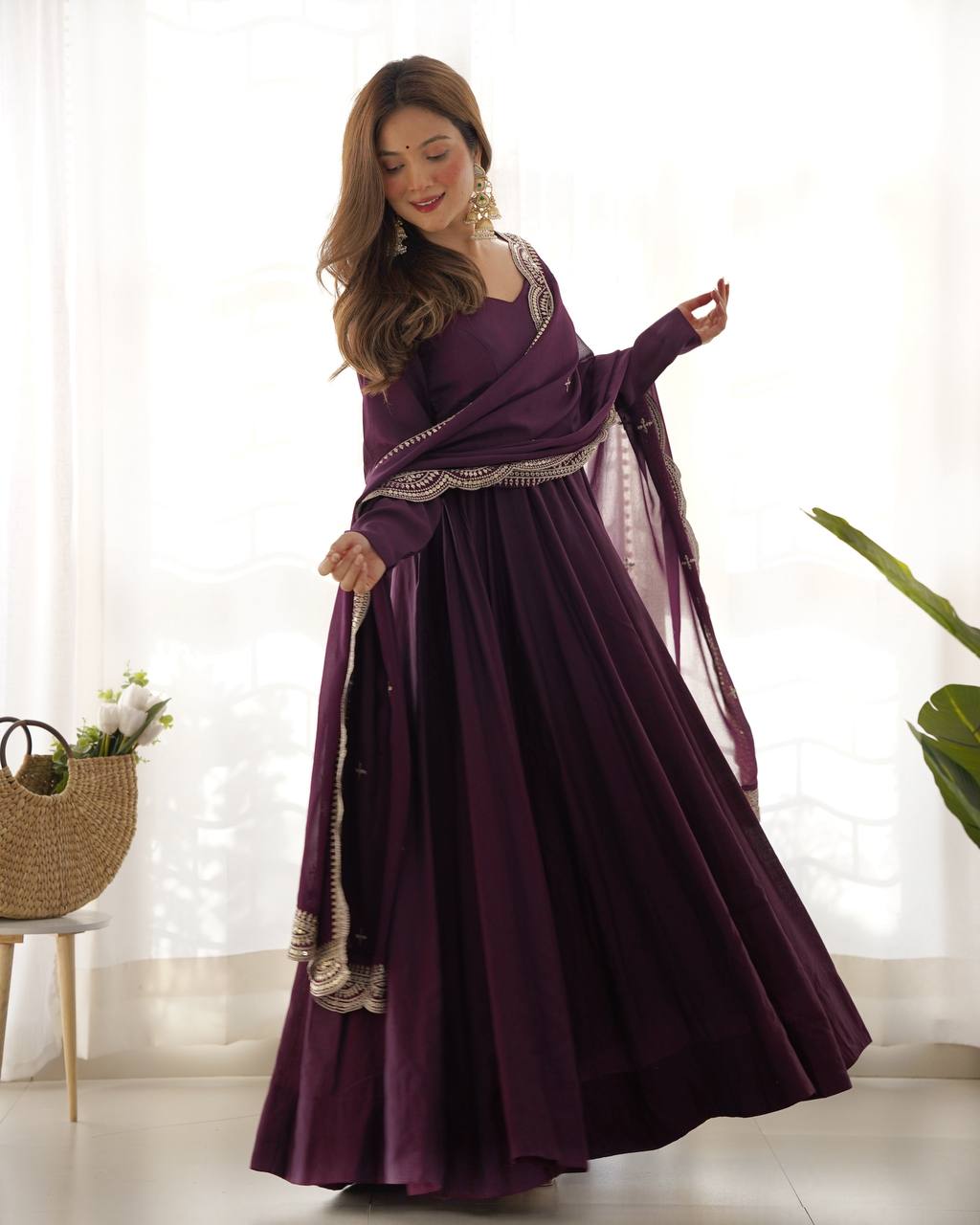 Purple Clour Heavy Roman Silk Chanderi 16 Kali Anarkali Set