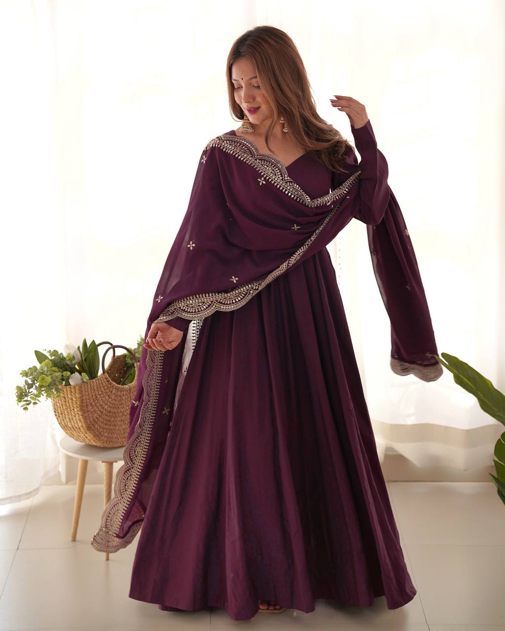 Purple Clour Heavy Roman Silk Chanderi 16 Kali Anarkali Set