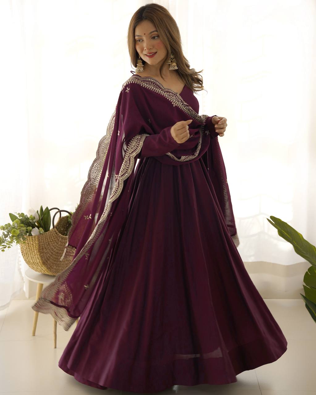 Purple Clour Heavy Roman Silk Chanderi 16 Kali Anarkali Set