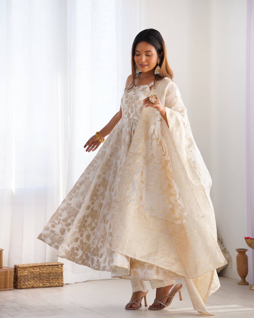 Cream Colour Banarasi Jacquard Dola Silk Anarkali Set