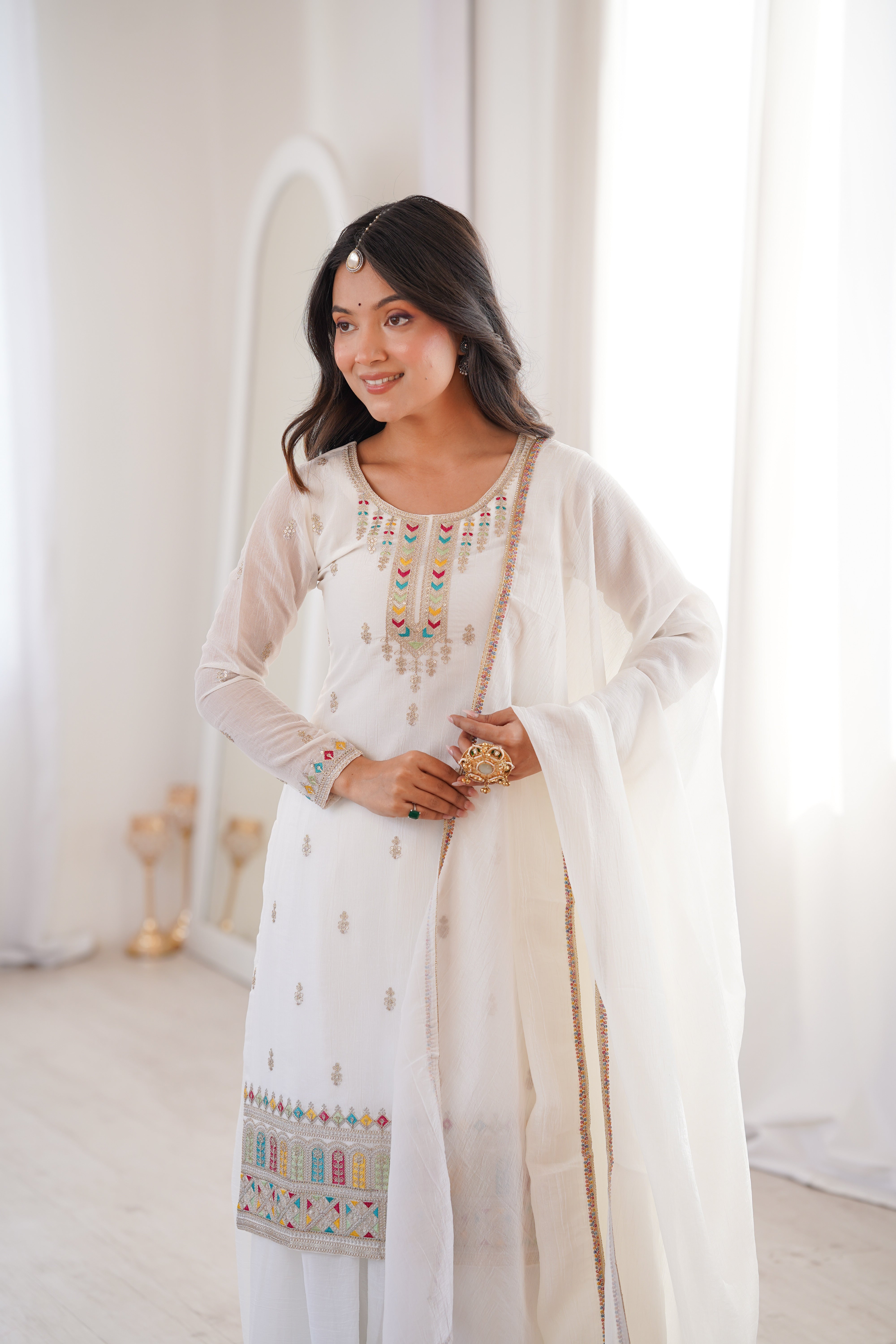 White Clour  Heavy Soft Crunchy Silk Kurta Sharara Set