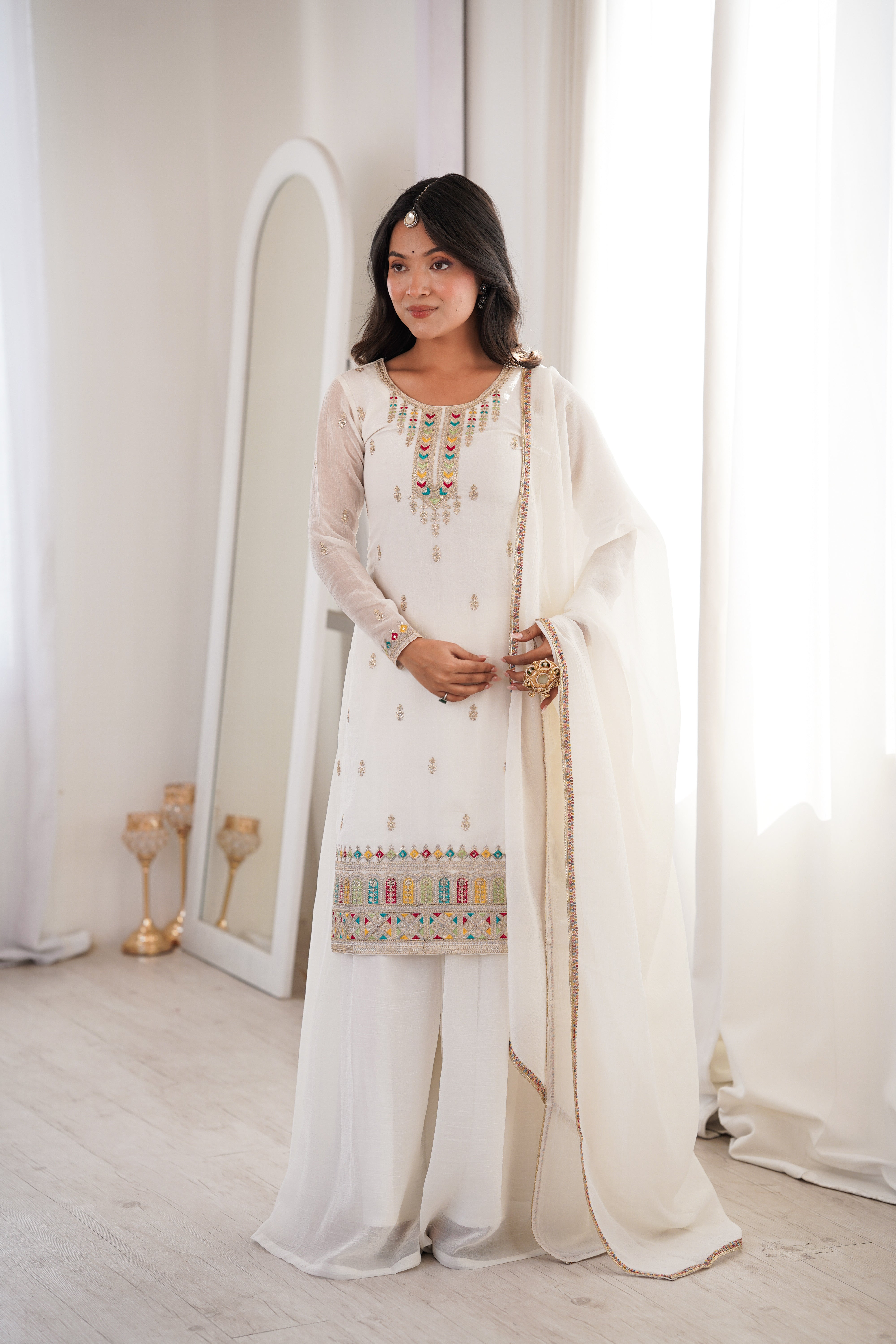 White Clour  Heavy Soft Crunchy Silk Kurta Sharara Set