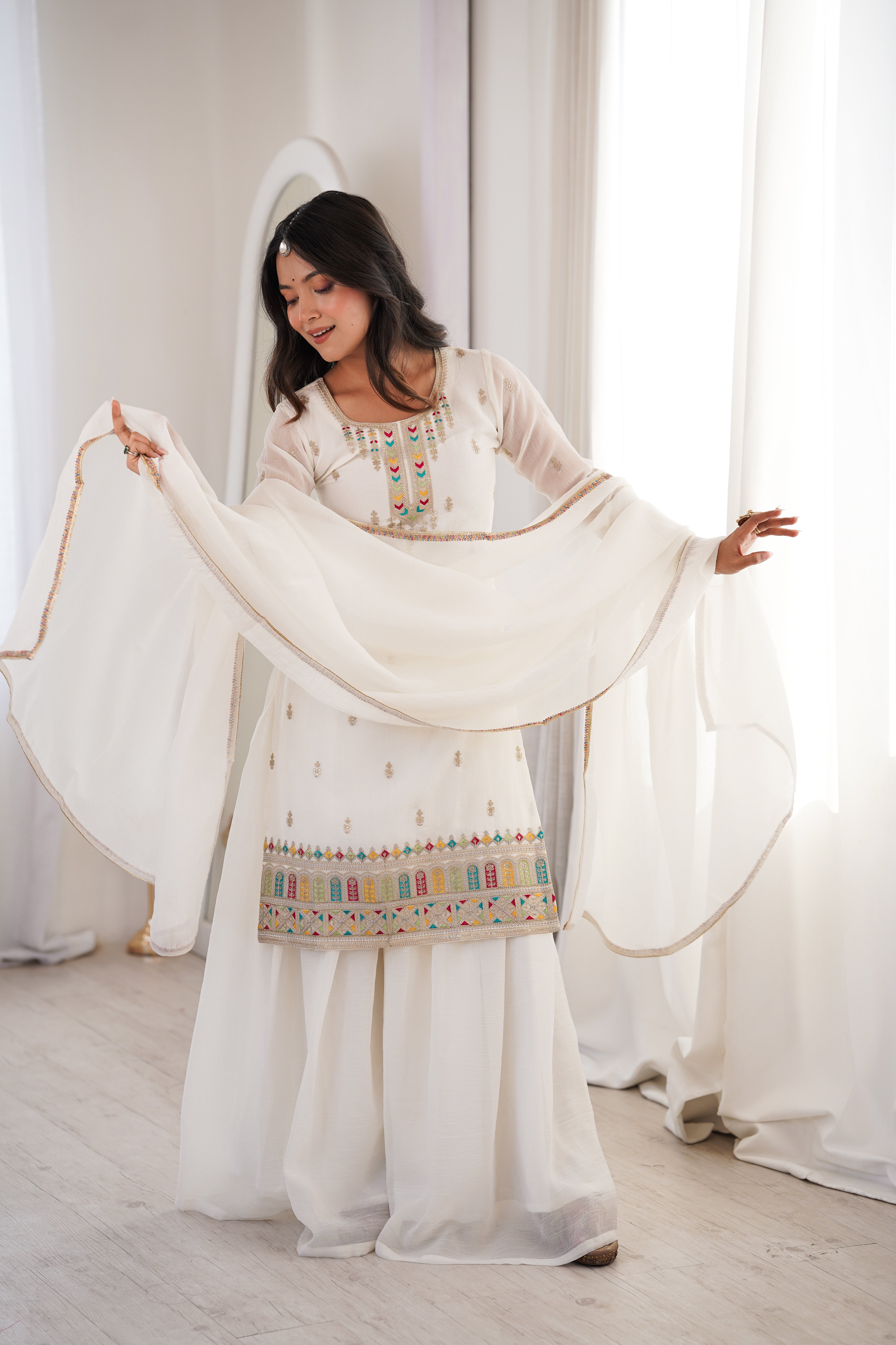 White Clour  Heavy Soft Crunchy Silk Kurta Sharara Set