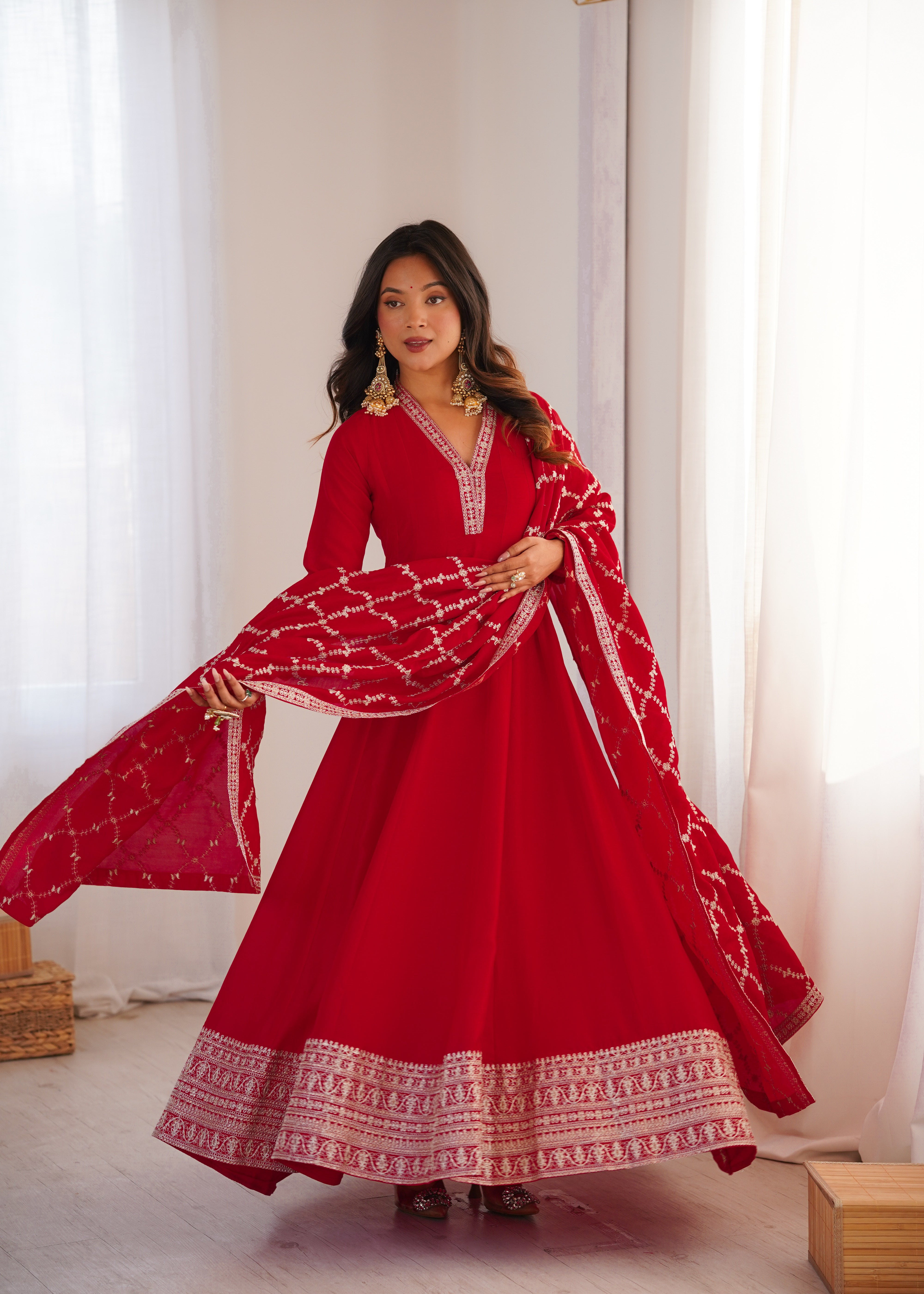 Red Colour Heavy Blooming Vichitra Silk Full Kali Anarkali Gown Set