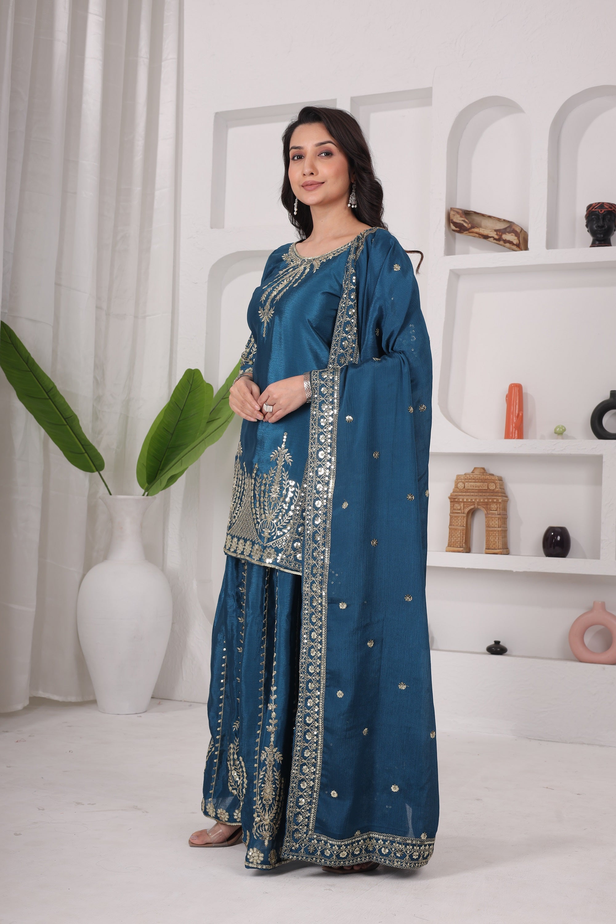 Chinon Silk Kurti Sharara Set with Embroidered Dupatta – Ethnic Party & Festive Wear