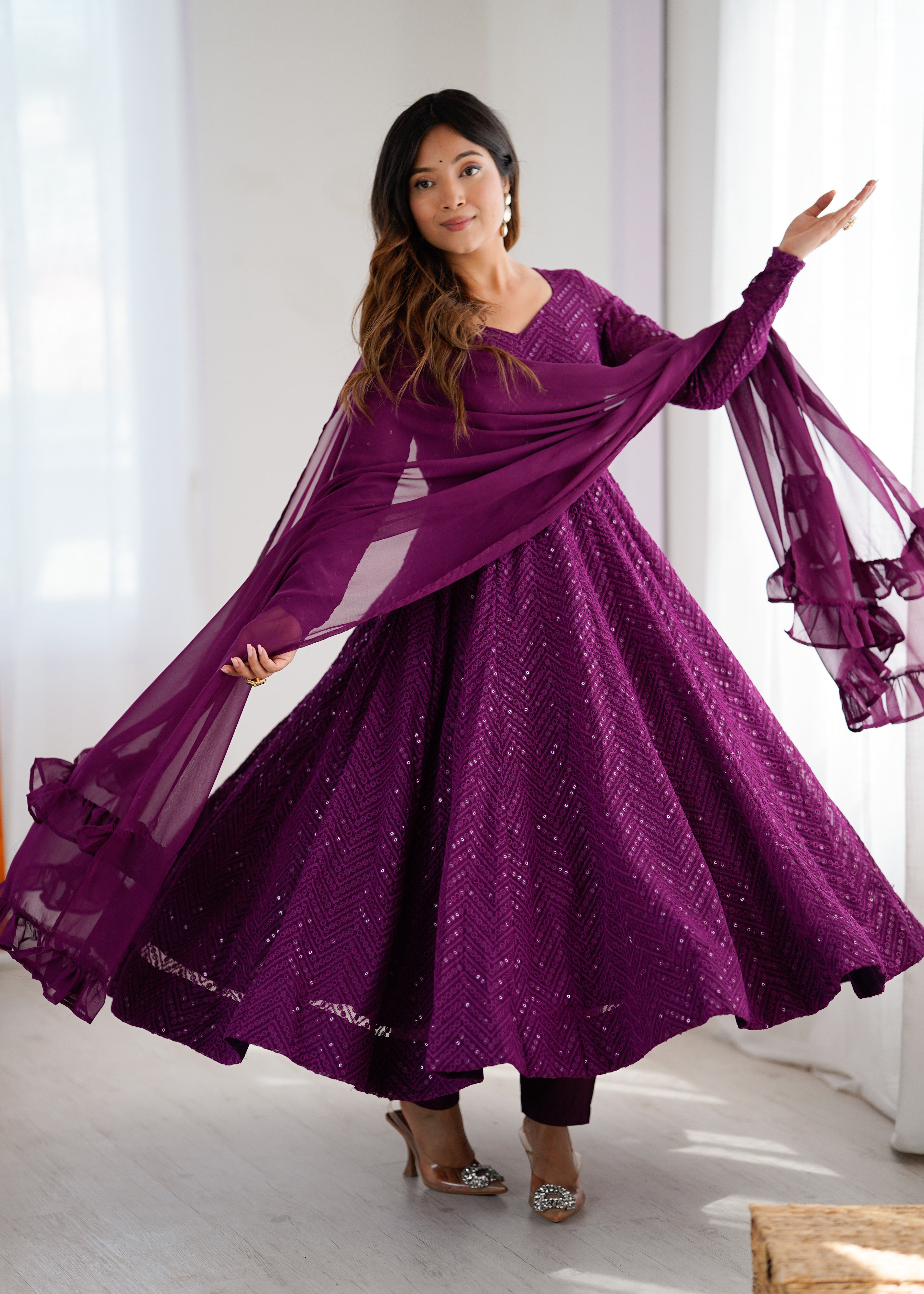 Purple Color New Arrival Designer Georgette Lucknowi Sequence Work Anarkali Set