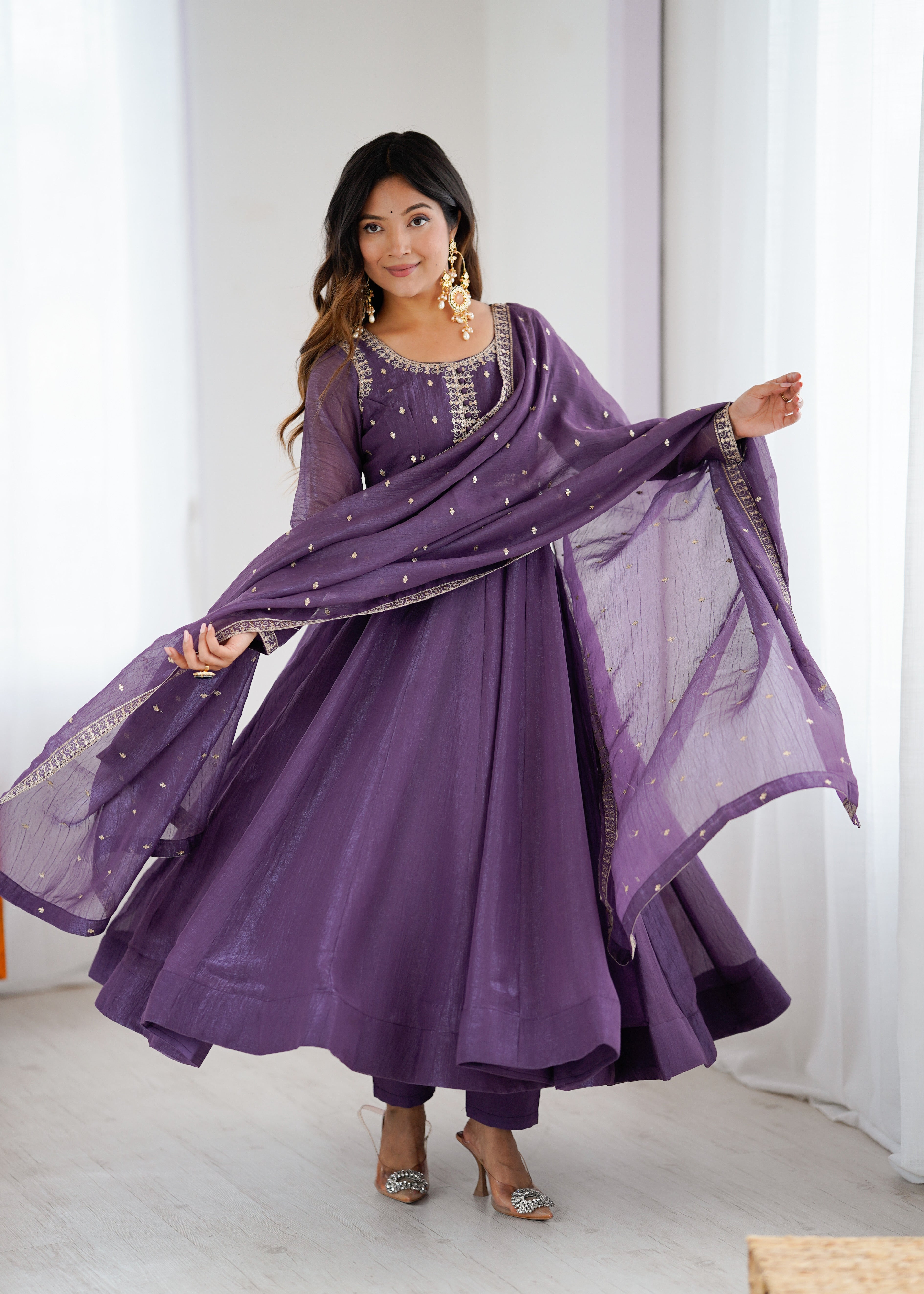 Purple Heavy Crunchy Silk Embroidered Anarkali Set