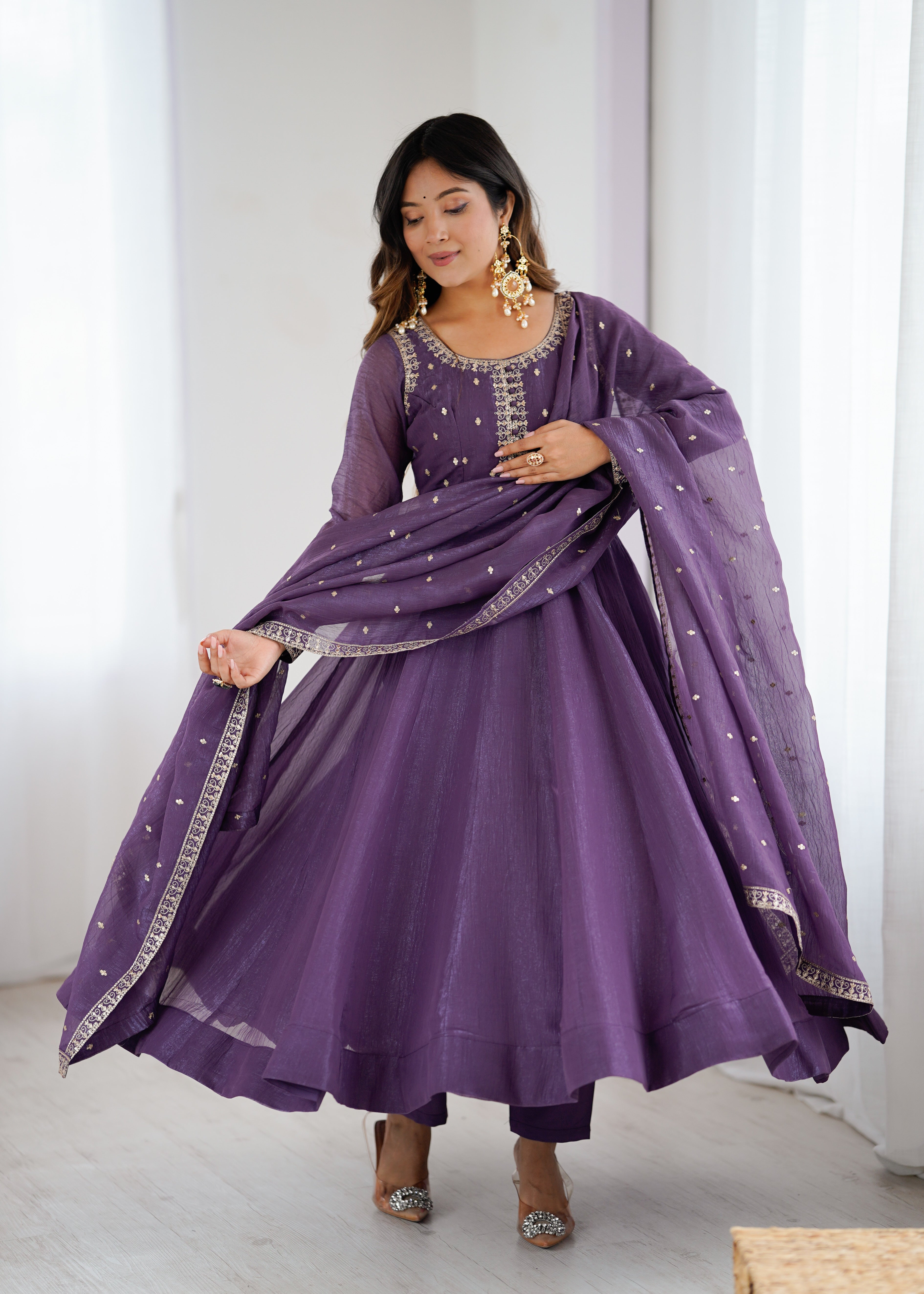 Purple Heavy Crunchy Silk Embroidered Anarkali Set