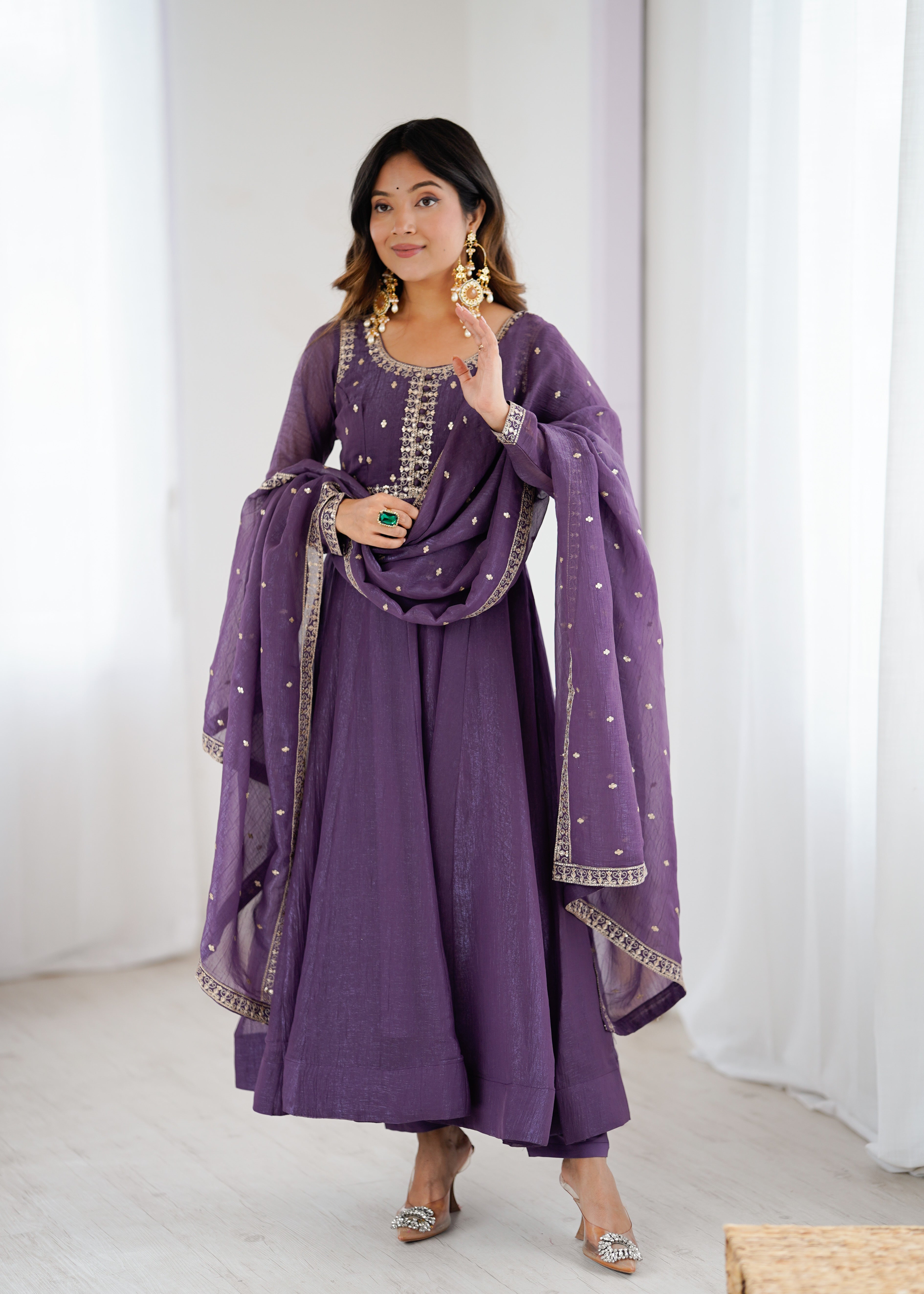 Purple Heavy Crunchy Silk Embroidered Anarkali Set
