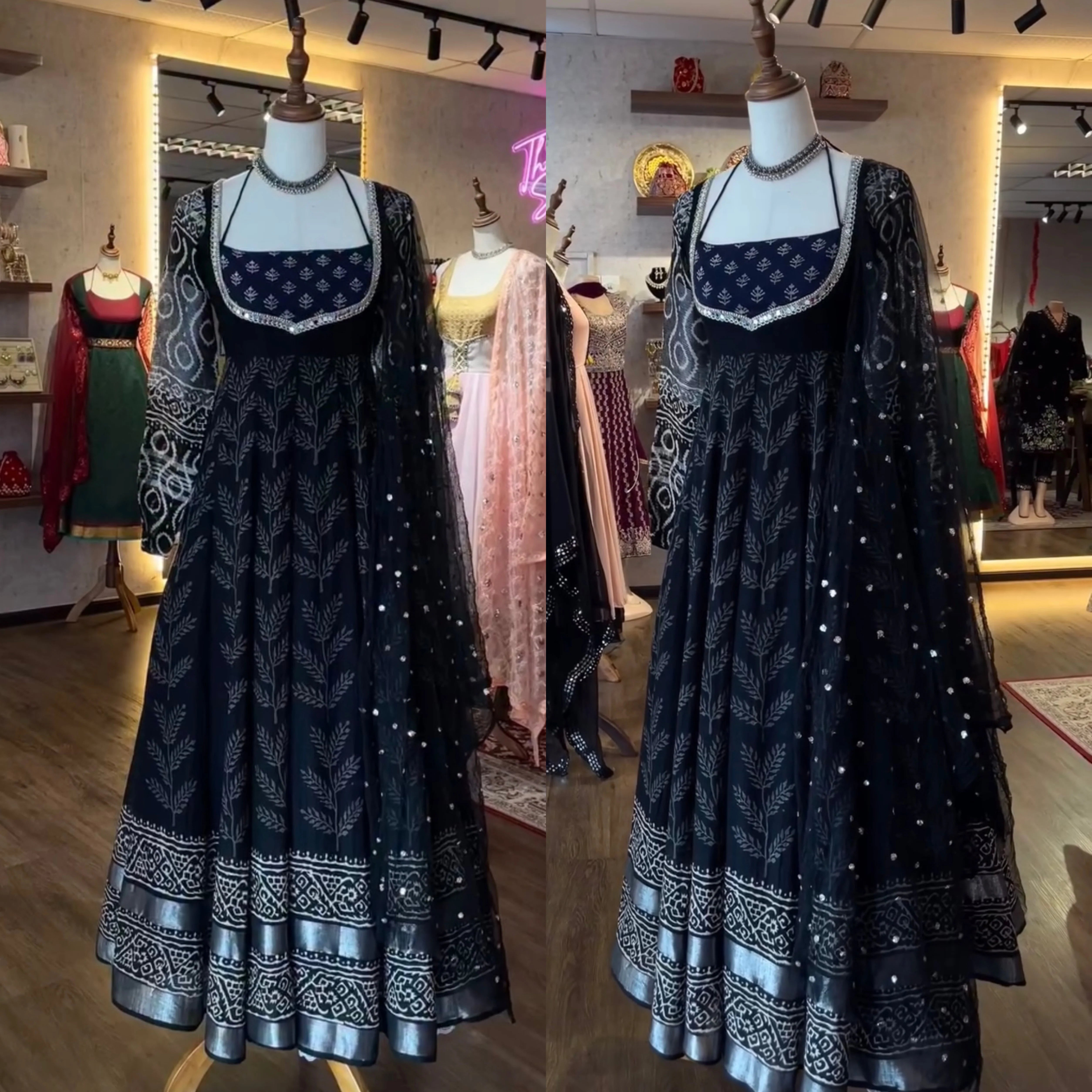 Classic Neavy Blue Block Print Muslin Cotton Anarkali Set