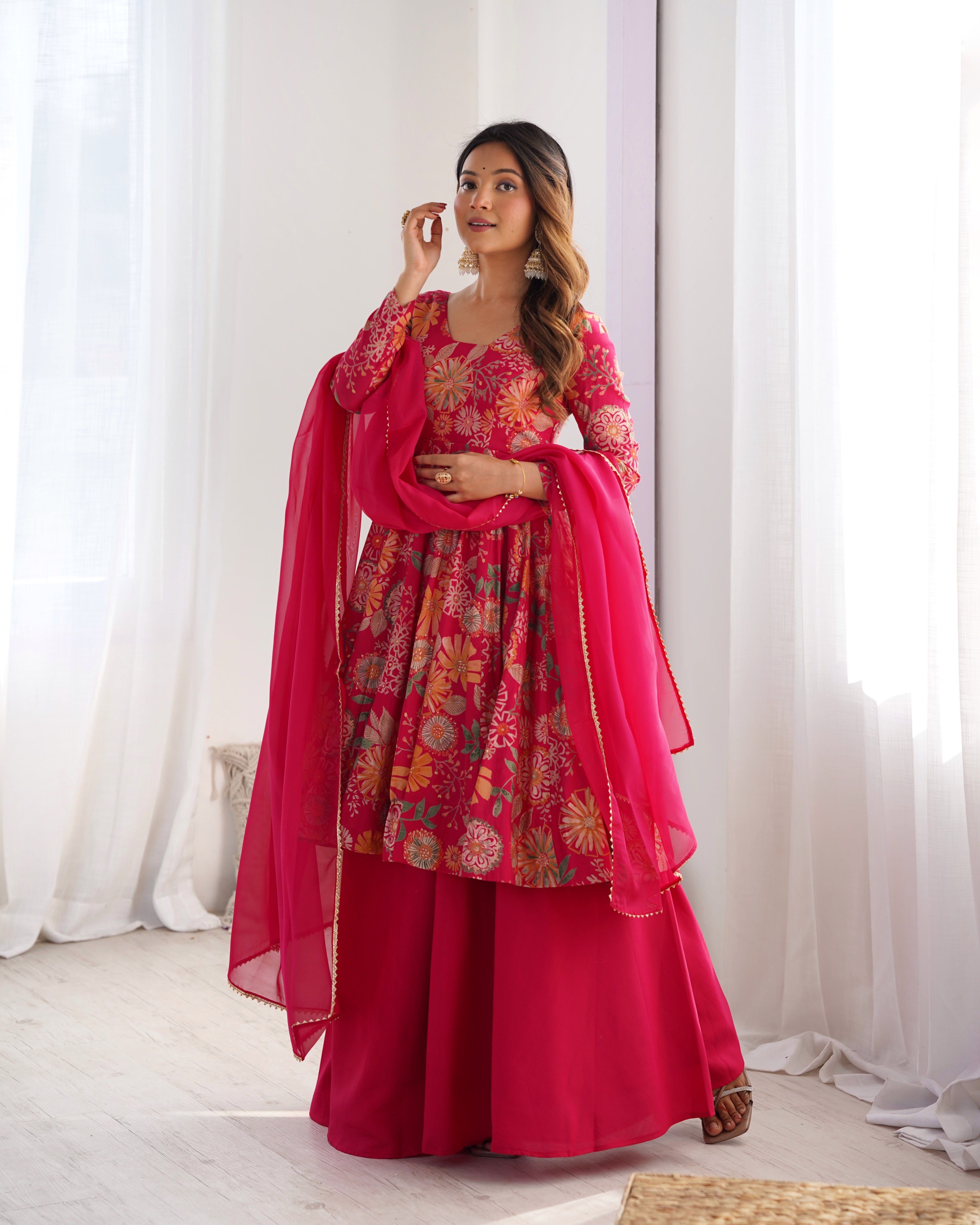 Red Color Heavy Pure Roman Silk Kediya Kurta Set with Plazzo And Dupatta Set