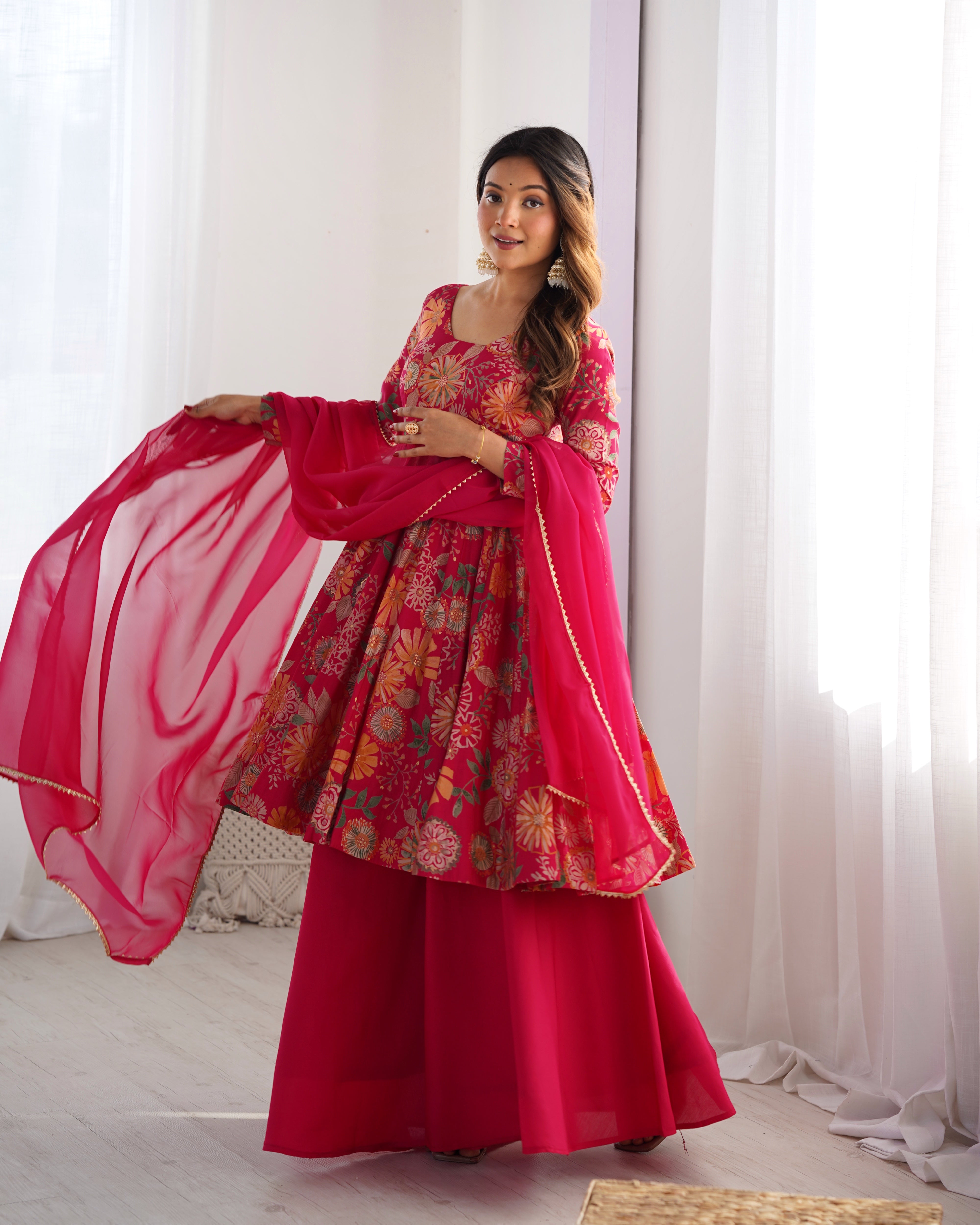 Red Color Heavy Pure Roman Silk Kediya Kurta Set with Plazzo And Dupatta Set