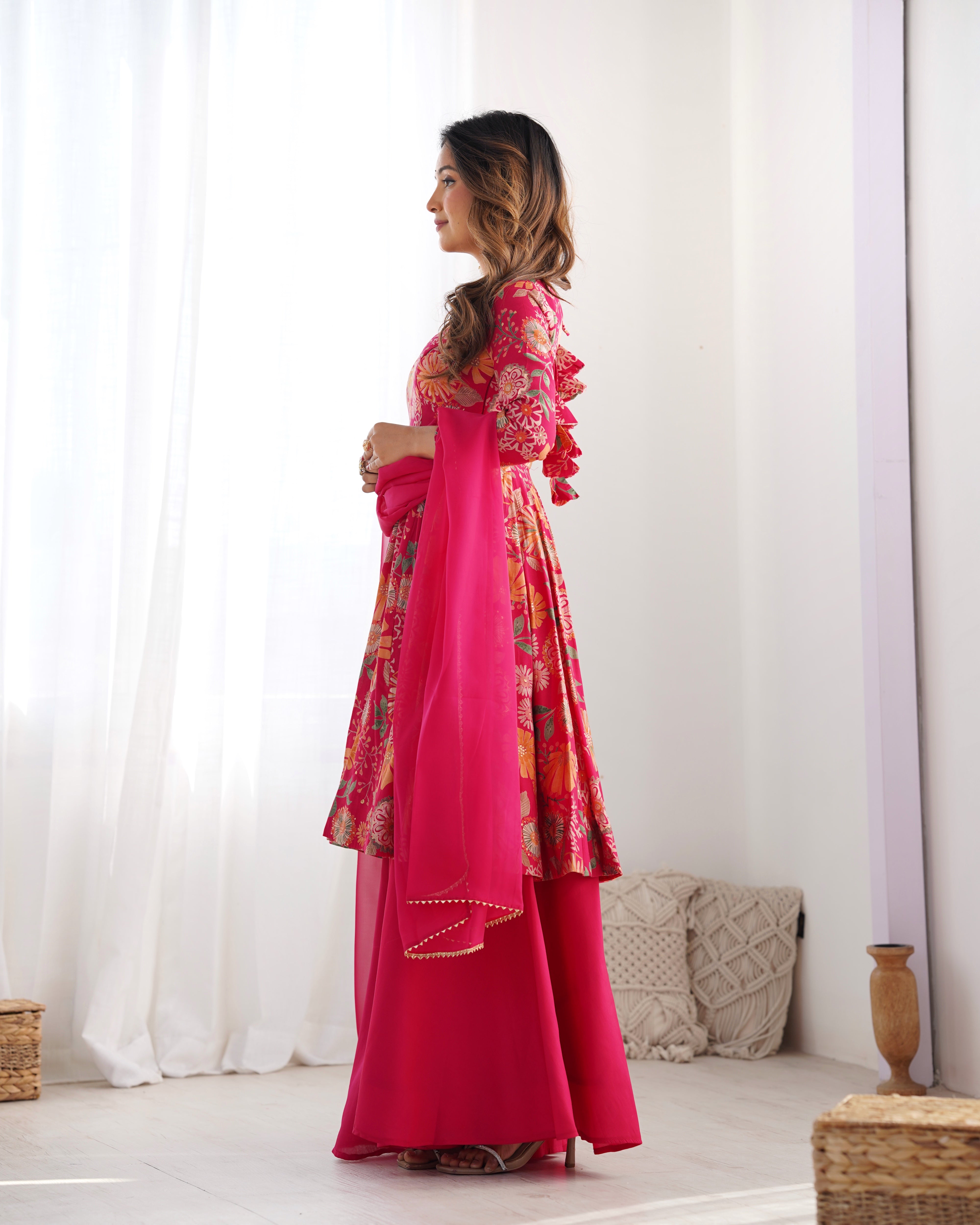 Red Color Heavy Pure Roman Silk Kediya Kurta Set with Plazzo And Dupatta Set