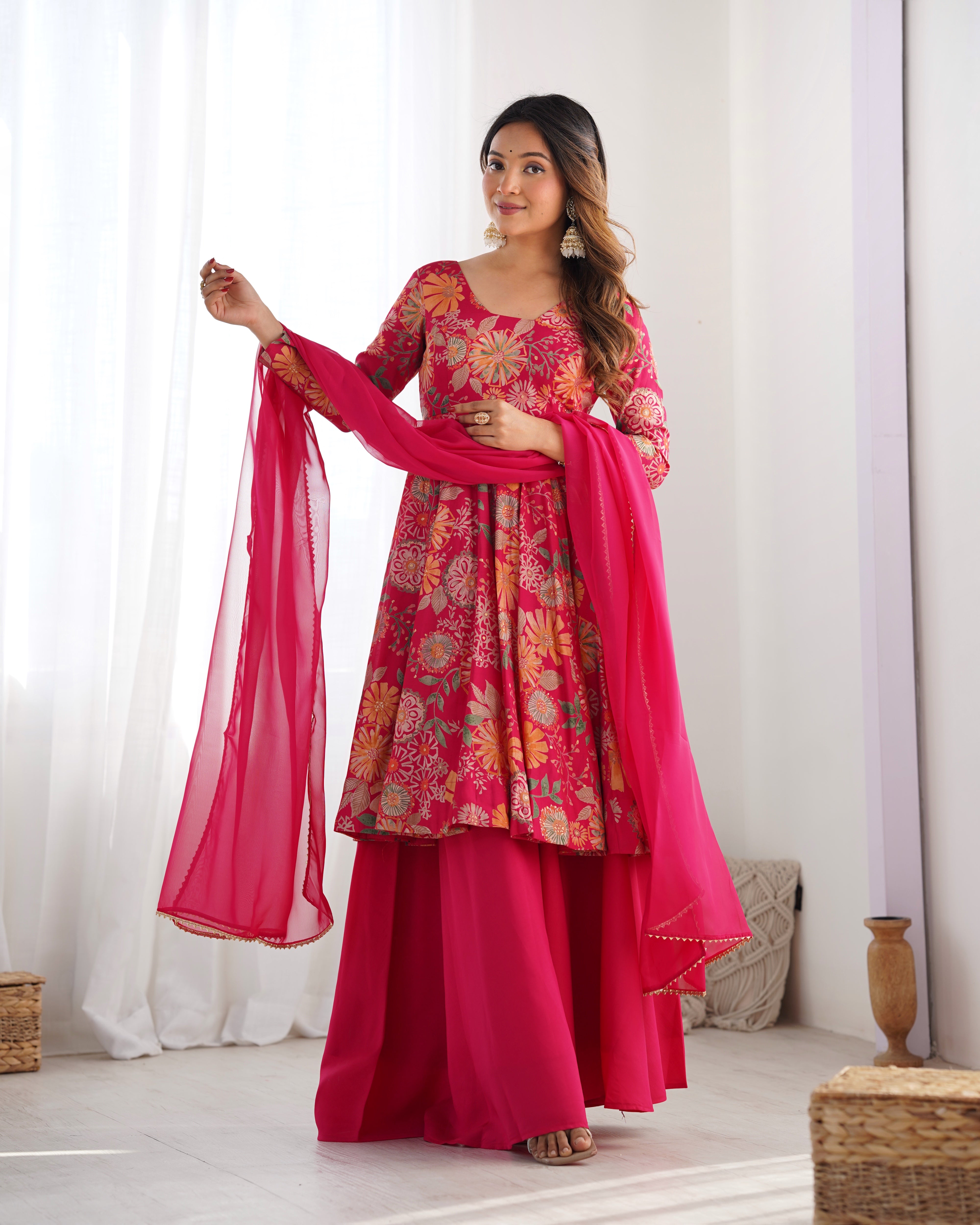 Red Color Heavy Pure Roman Silk Kediya Kurta Set with Plazzo And Dupatta Set