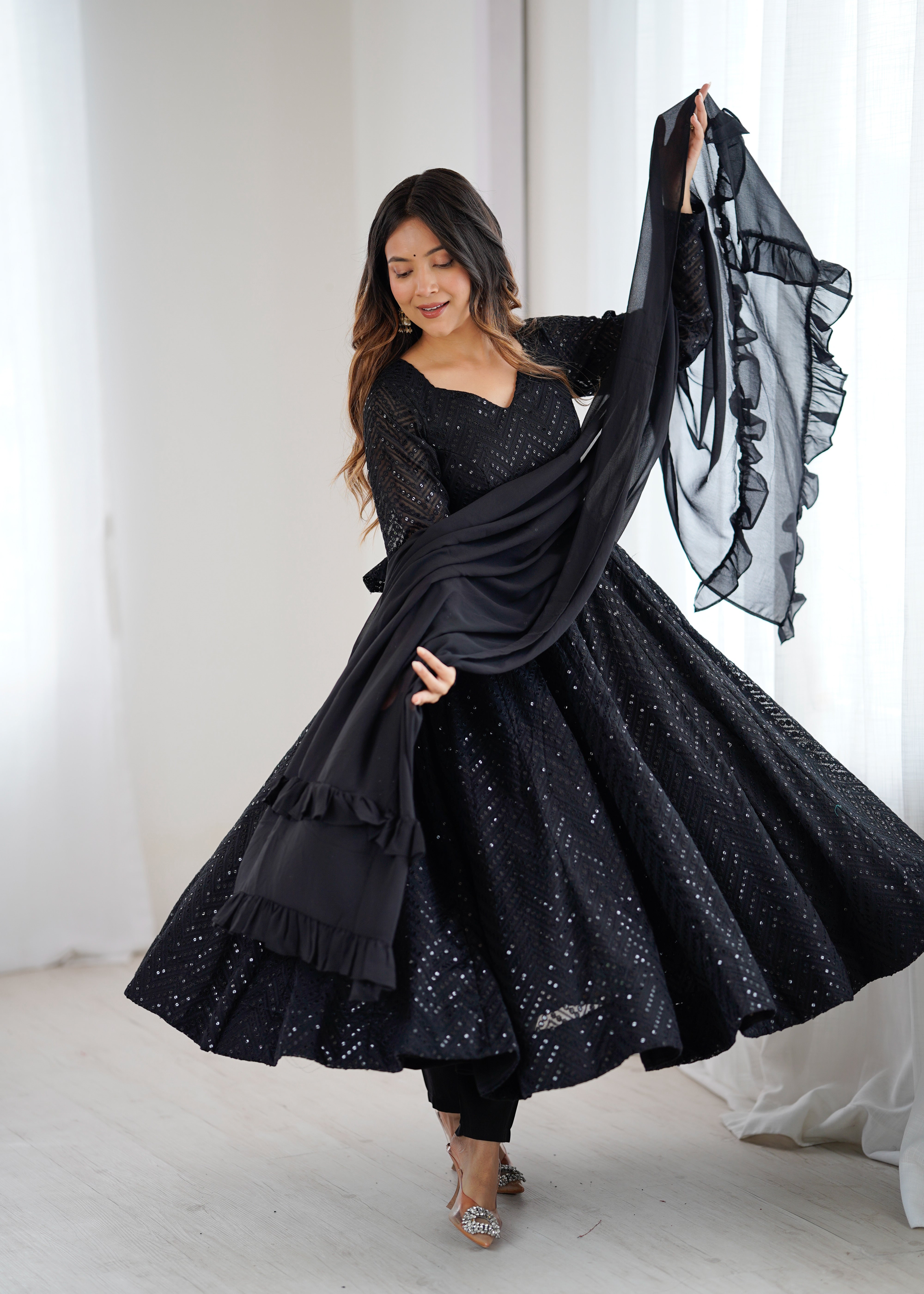 Black Colour Soft Fox Georgette Lucknowi Work Anarkali Set