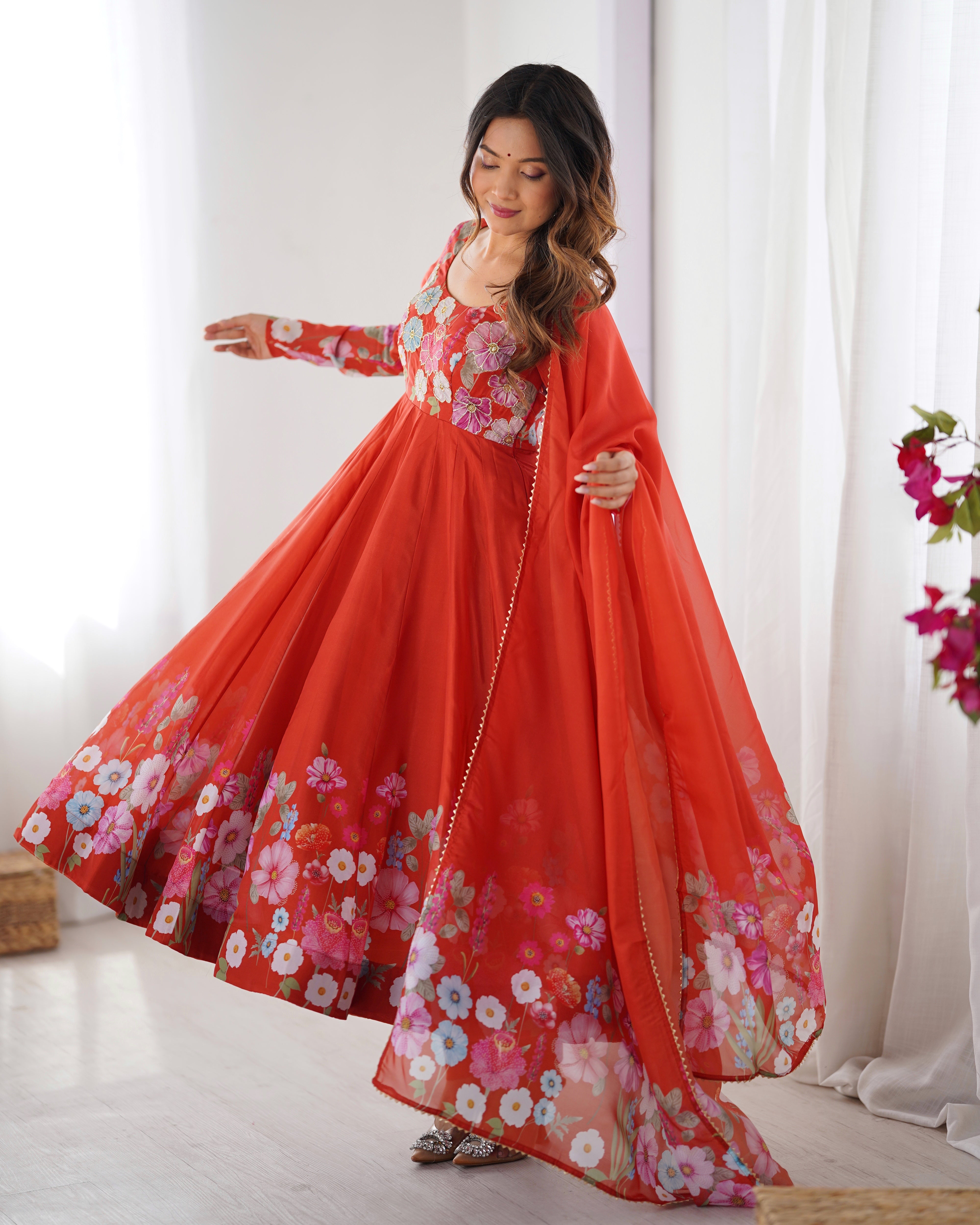 Orange Color Organza Silk Kurta with Handwork Anarkali Suit