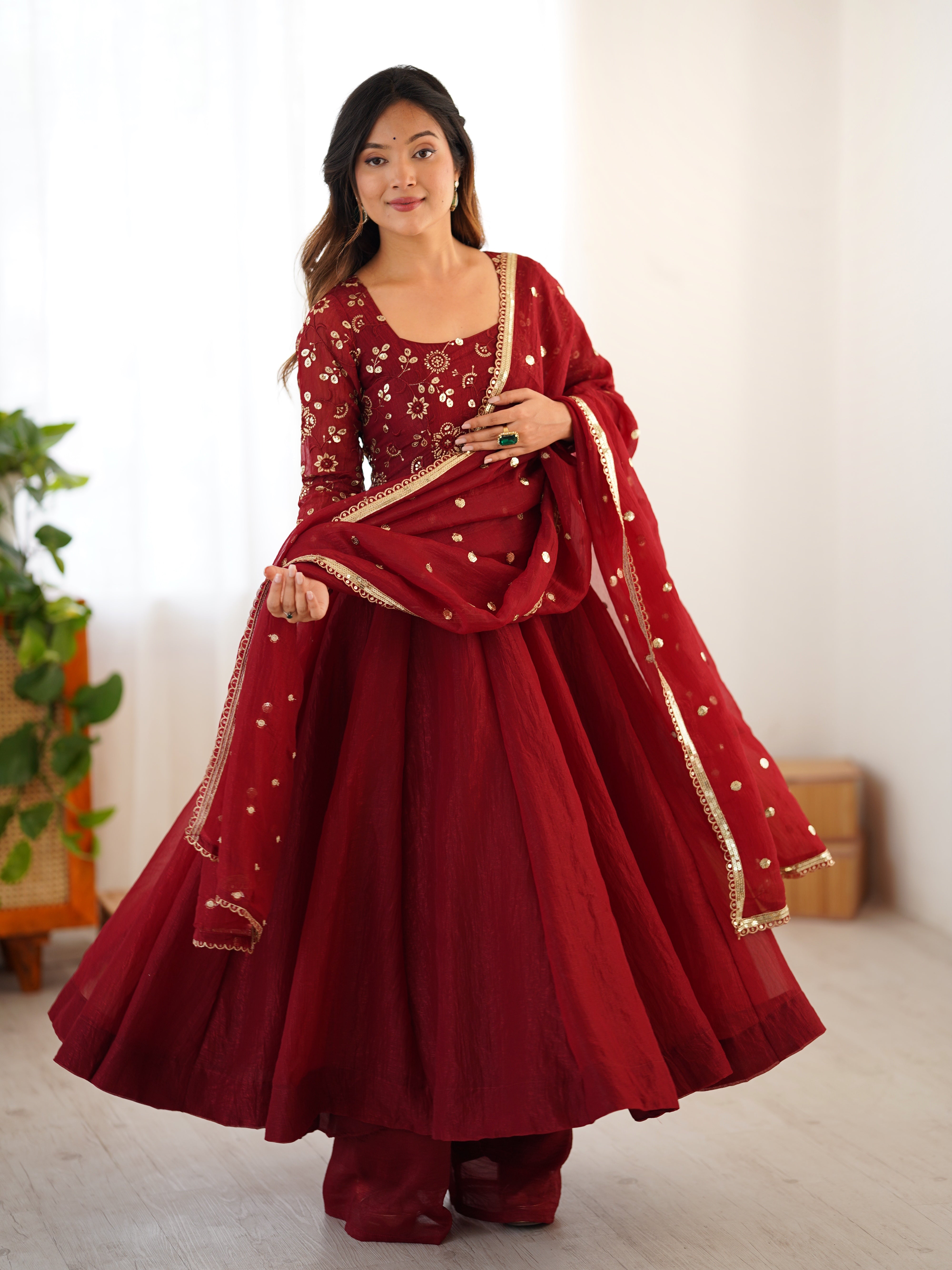 New Partywear Luxurious Crunchy Silk with Lace Border Fully Flared Anarkali Gown