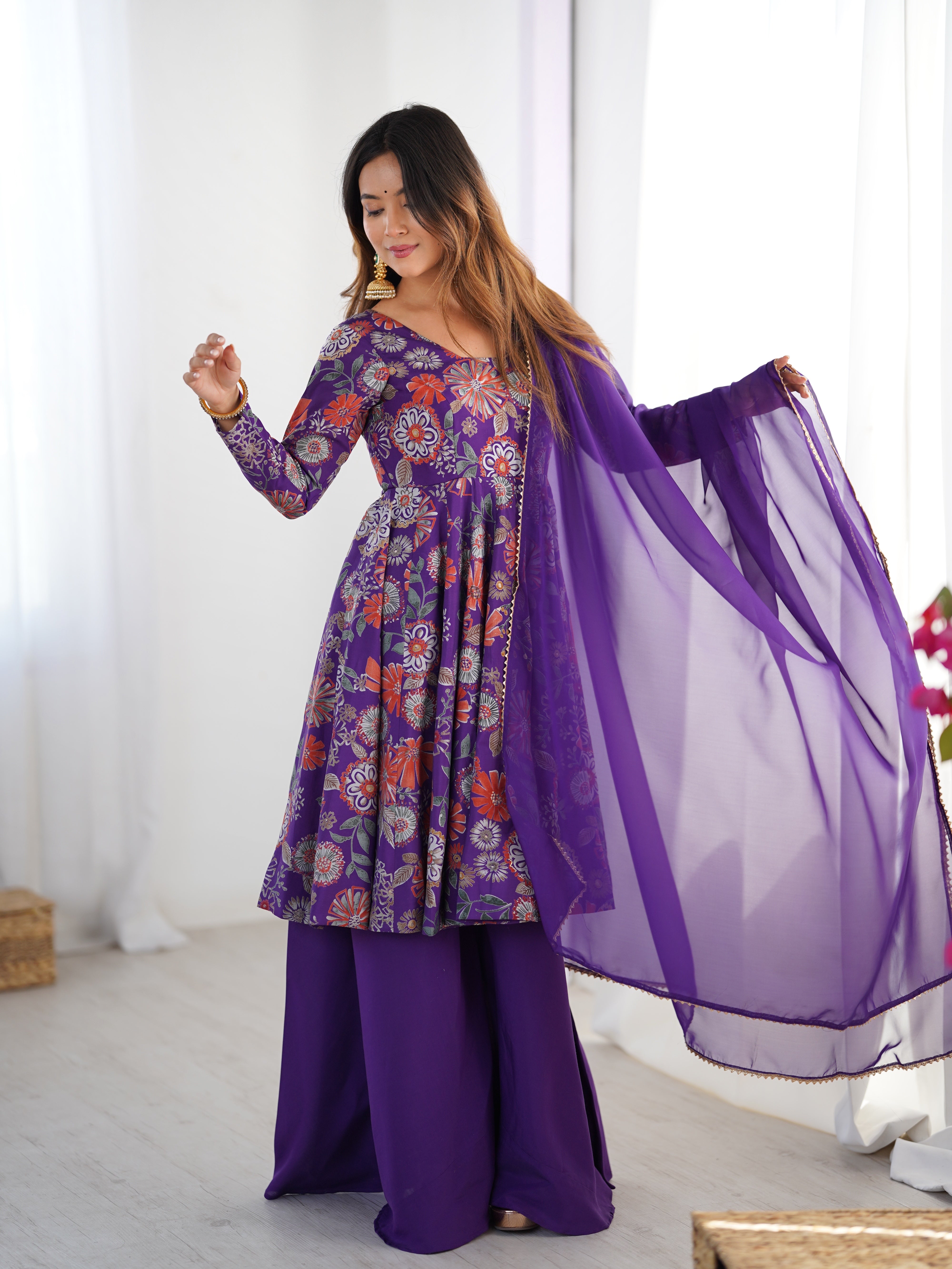 Purple Color Heavy Pure Roman Silk Kediya Kurta Set with Plazzo And Dupatta Set