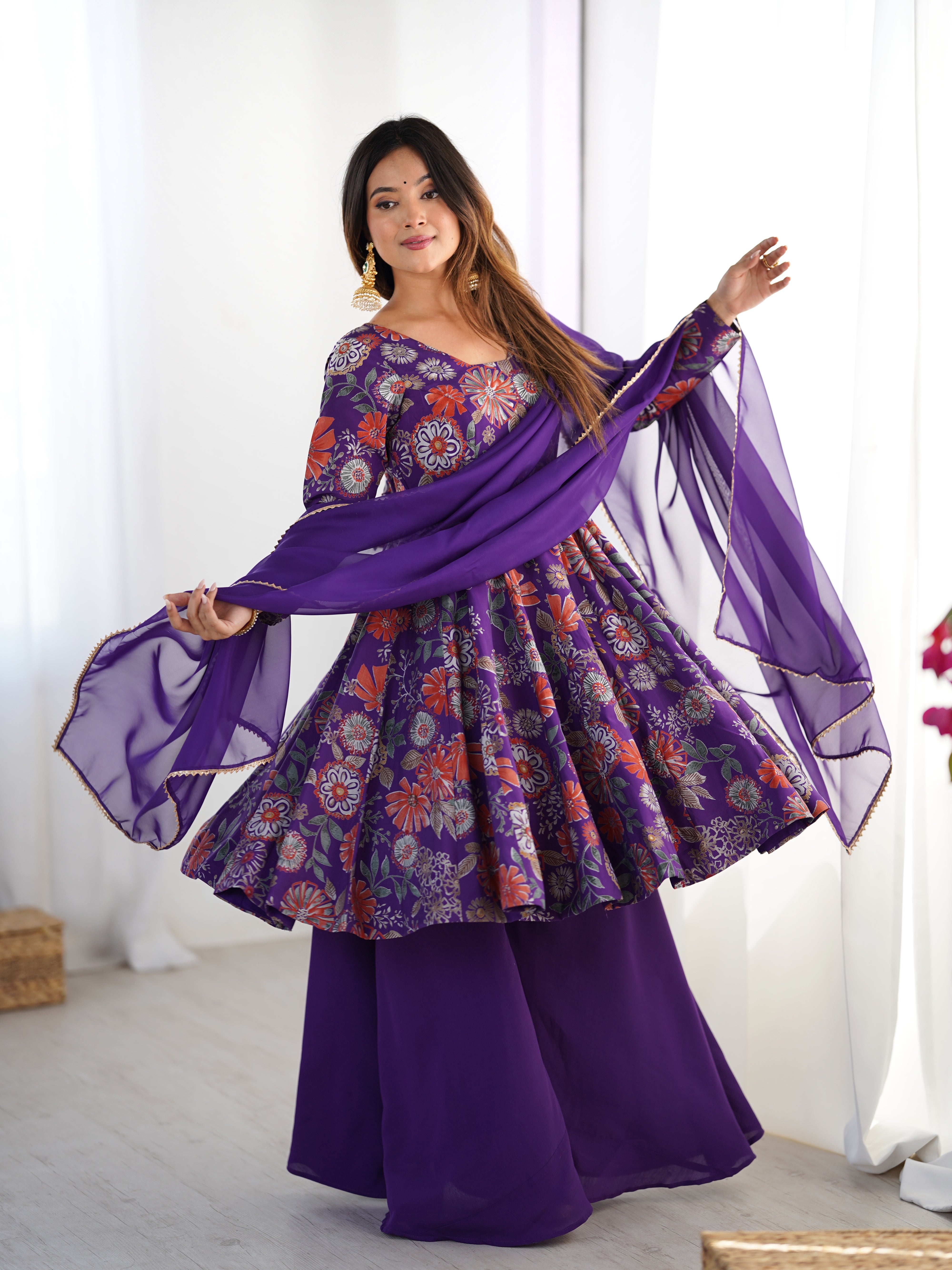 Purple Color Heavy Pure Roman Silk Kediya Kurta Set with Plazzo And Dupatta Set