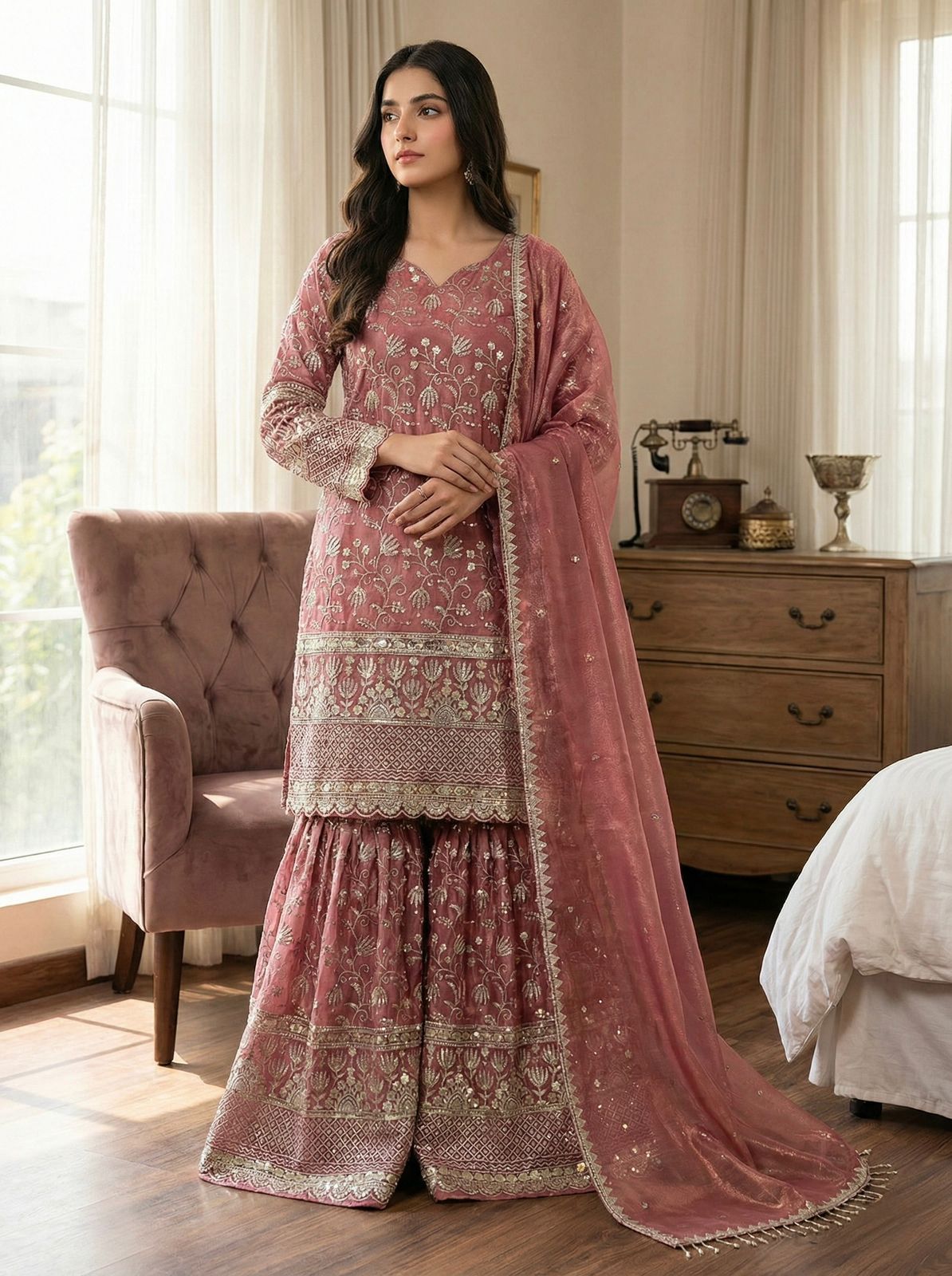 Designer GMY Silk Embroidered Top Sharara Set with Lace Border Dupatta