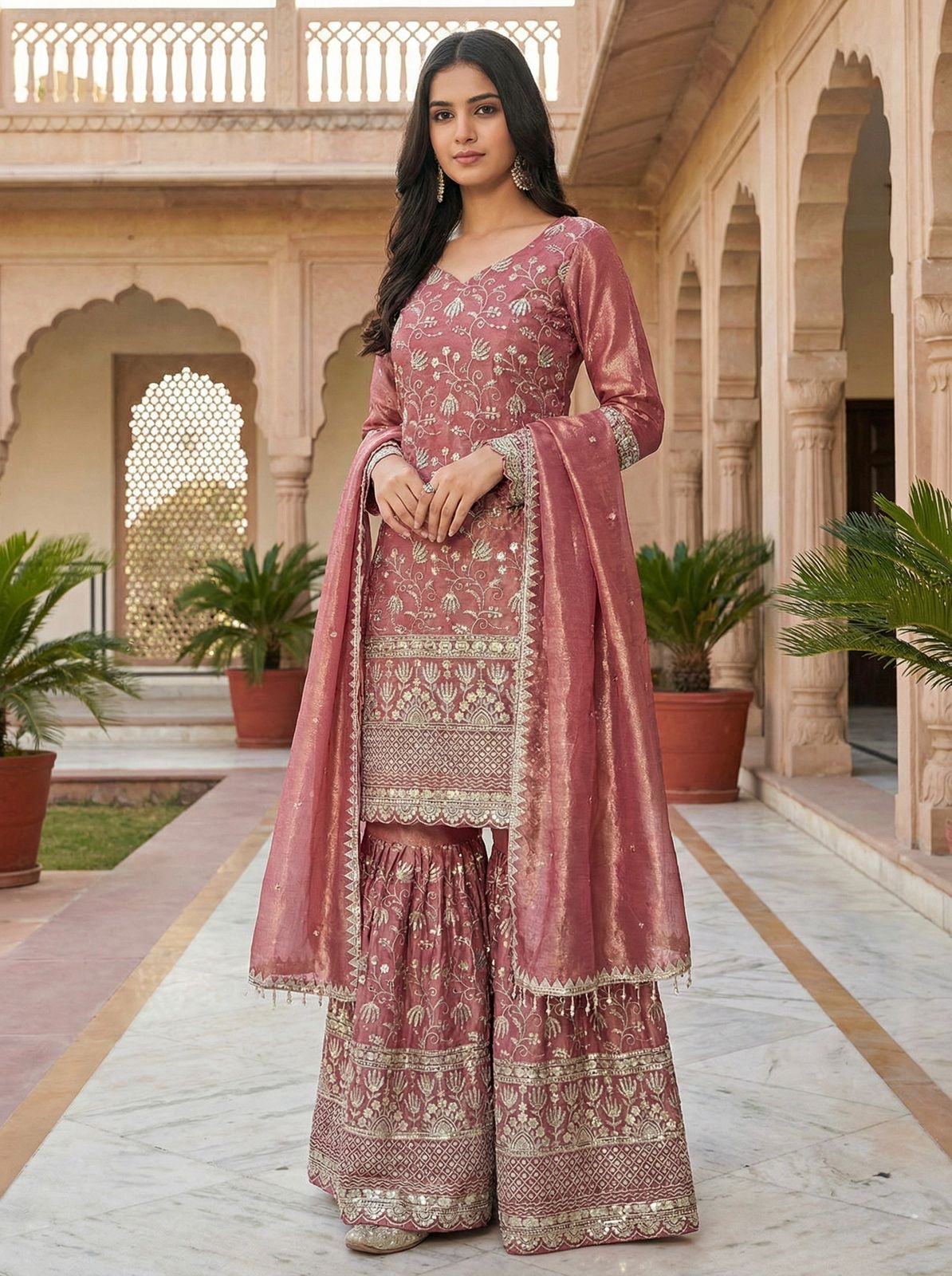 Designer GMY Silk Embroidered Top Sharara Set with Lace Border Dupatta