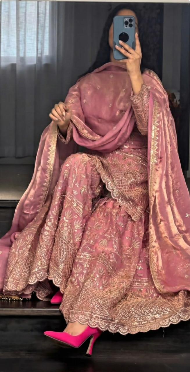 Designer GMY Silk Embroidered Top Sharara Set with Lace Border Dupatta