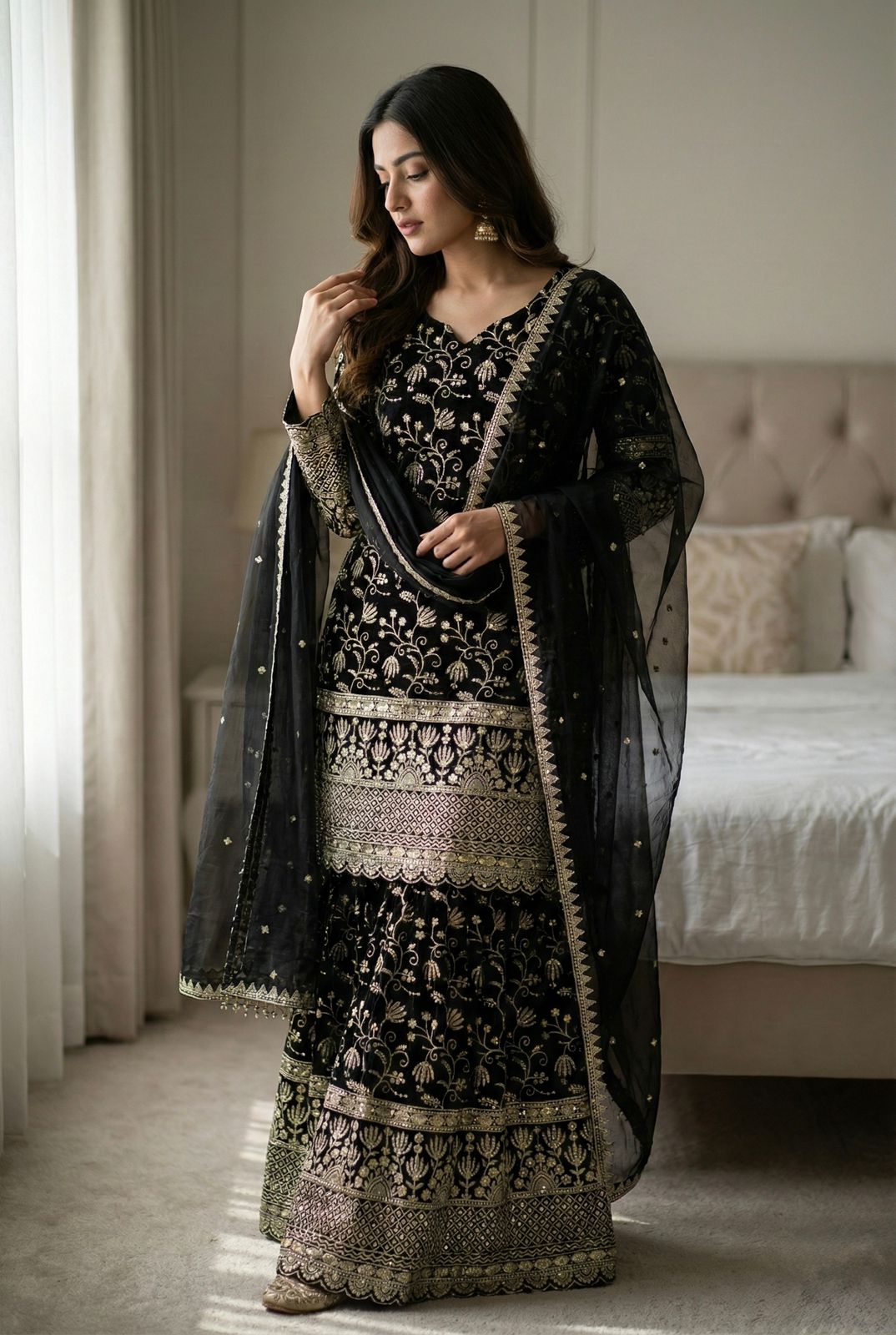 Designer GMY Silk Embroidered Top Sharara Set with Lace Border Dupatta