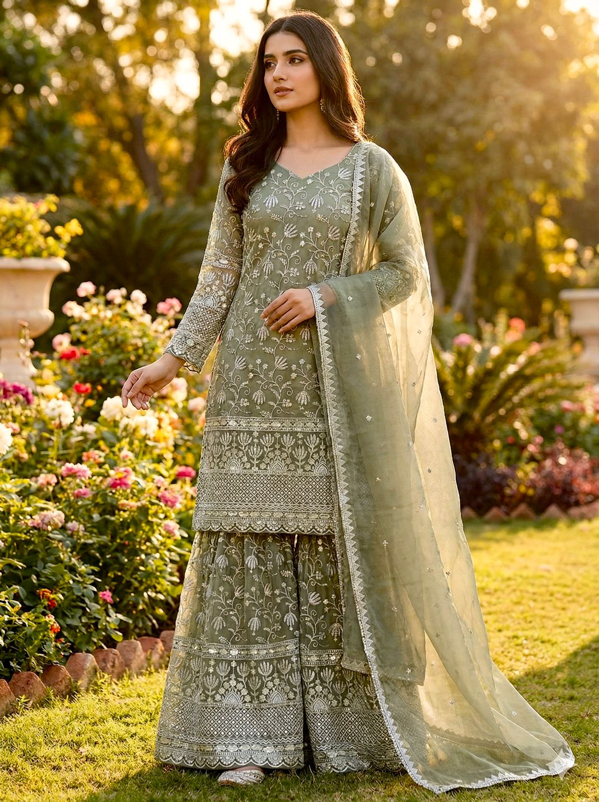 Designer GMY Silk Embroidered Top Sharara Set with Lace Border Dupatta