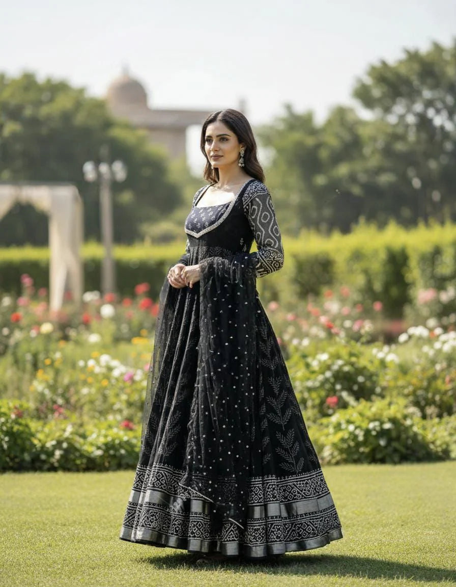 Classic Neavy Blue Block Print Muslin Cotton Anarkali Set