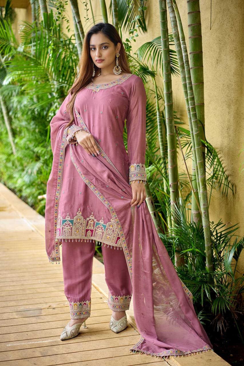 Pink Color New Partywear Organza Silk Codding Work Kurta With Pant And Dupatta Set