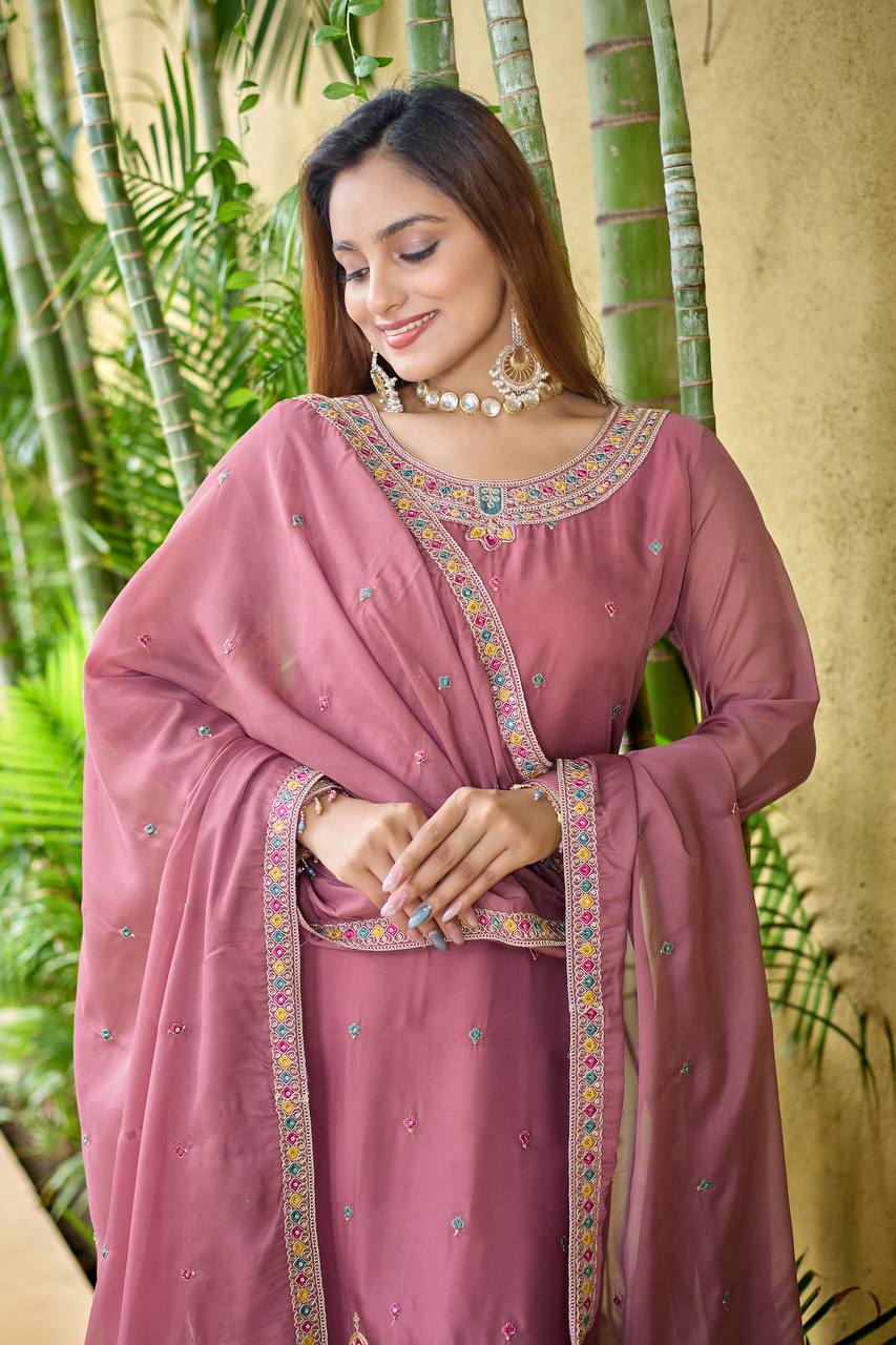 Pink Color New Partywear Organza Silk Codding Work Kurta With Pant And Dupatta Set