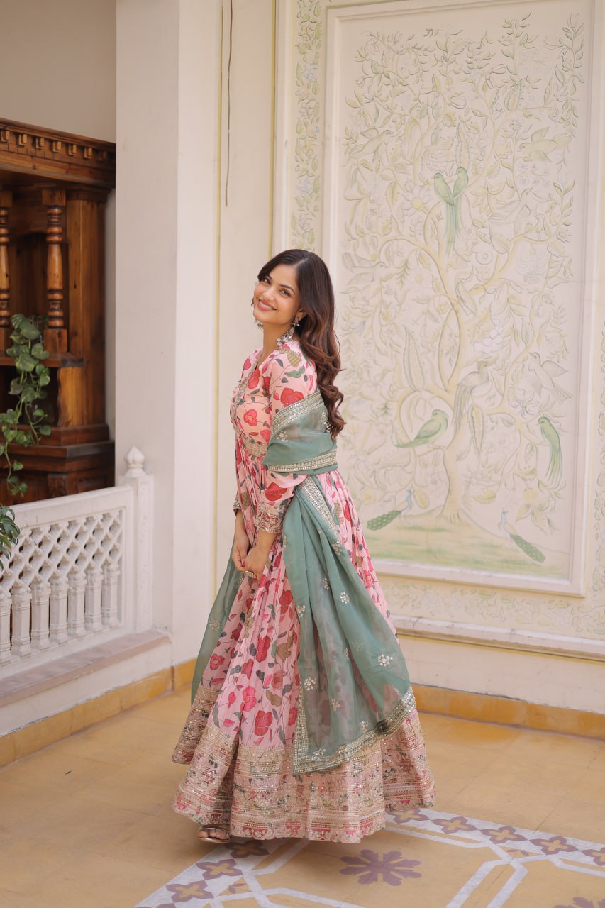 Premium Ready-to-Wear Alia Cut Gown with Dupatta in Digital Printed Russian Silk