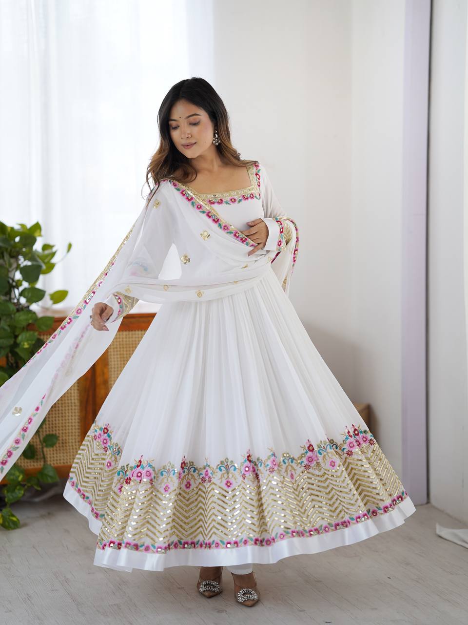 New Designer White Color Premium Heavy Georgette Anarkali Gown With Bottom And Dupatta Set