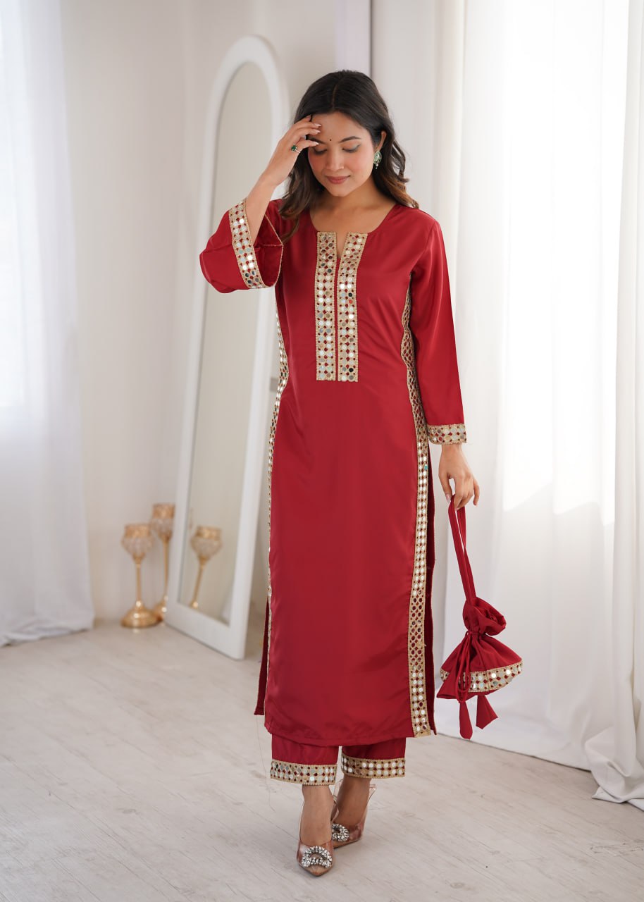 Designer Mirror Work Kurti Set with Matching Batwa