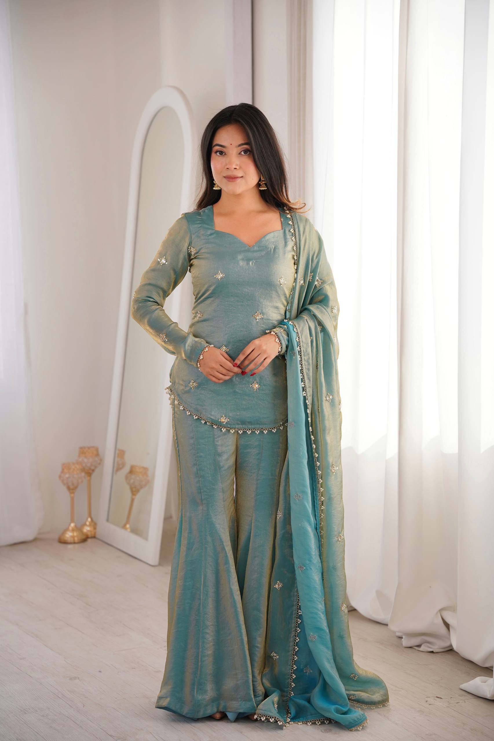 Festive Special Embroidered Fendy Silk Sharara Suit