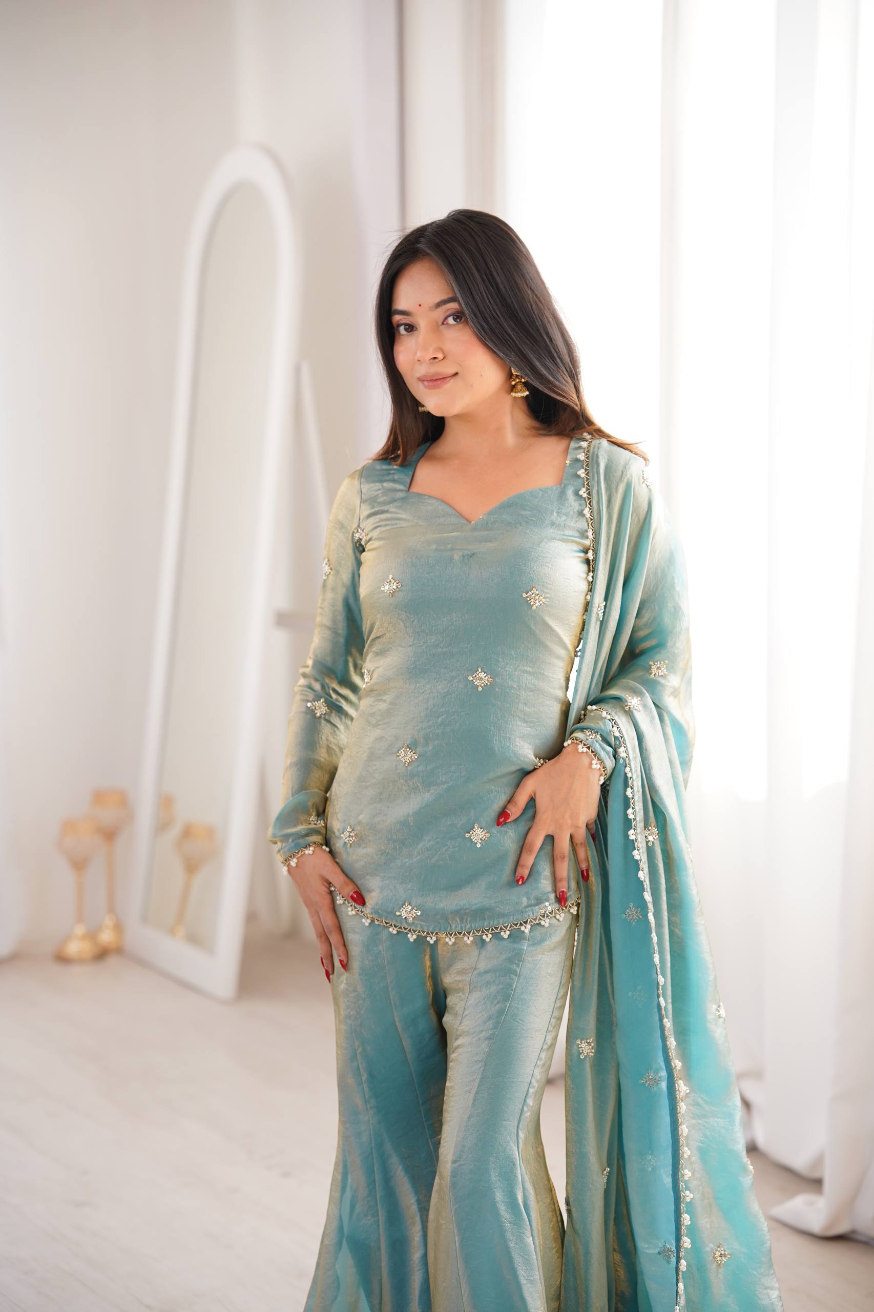 Festive Special Embroidered Fendy Silk Sharara Suit