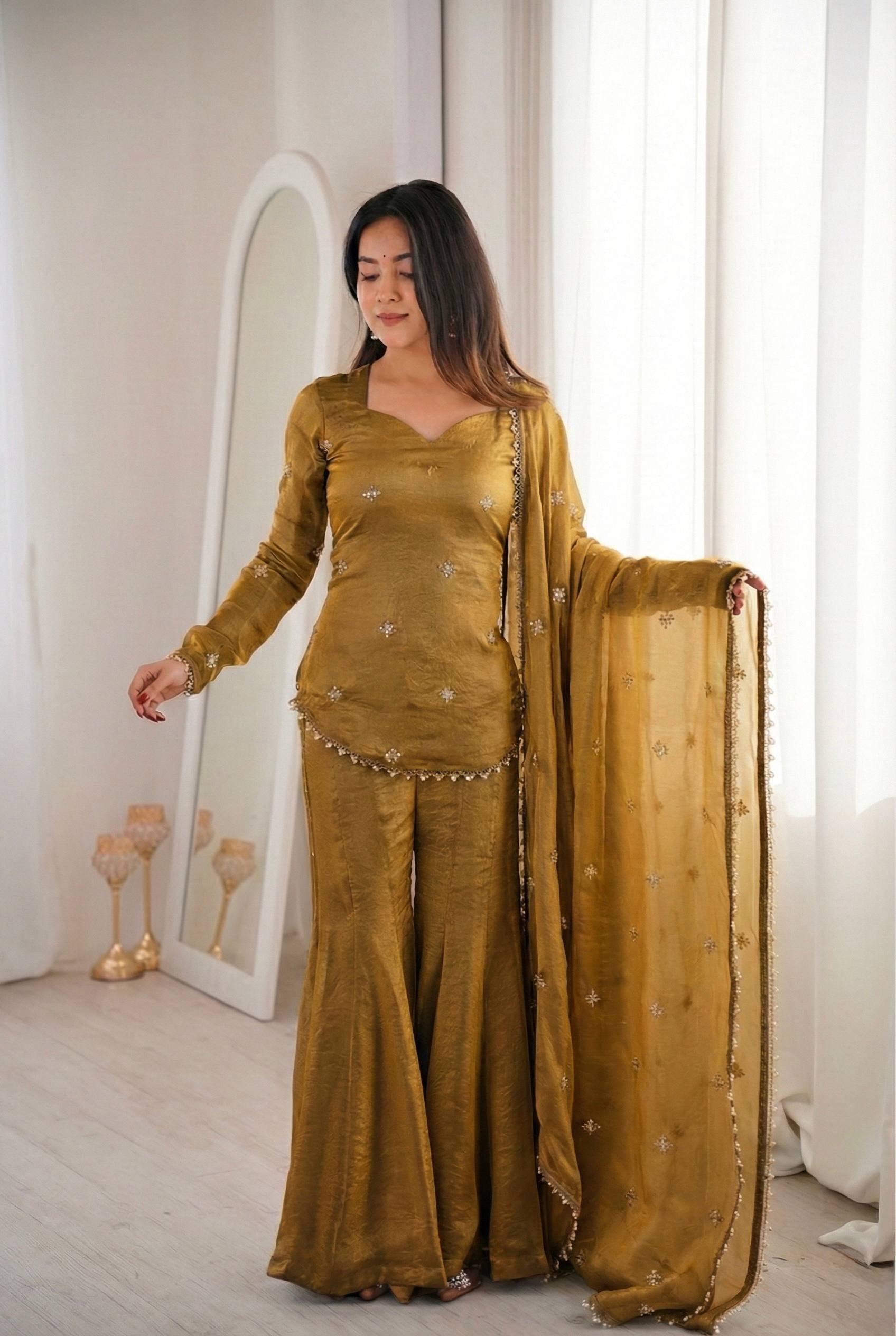 Festive Special Embroidered Fendy Silk Sharara Suit