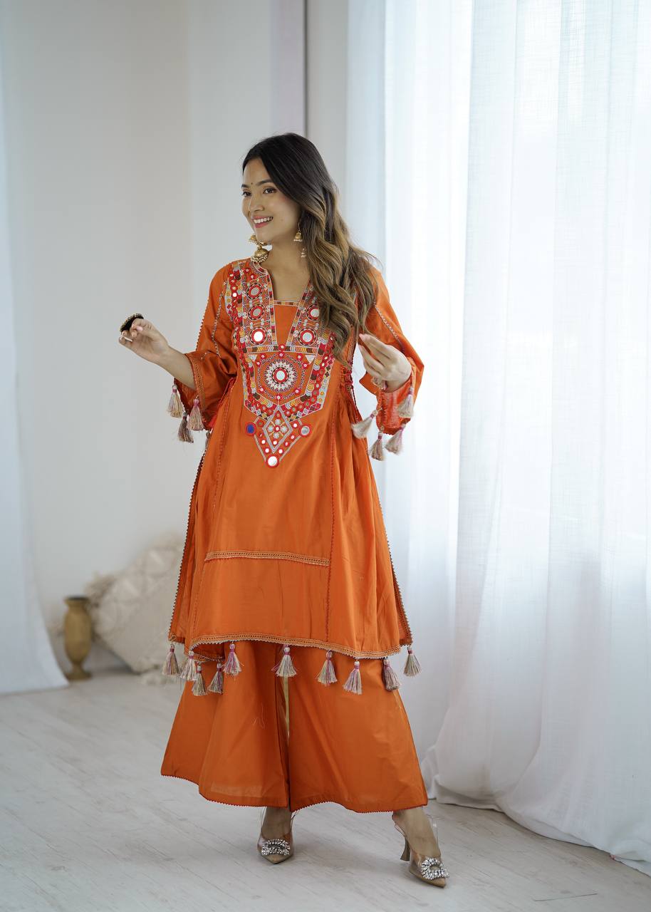 Designer Pure Khadi Cotton Kurta Palazzo Set with Mirror Embroidery