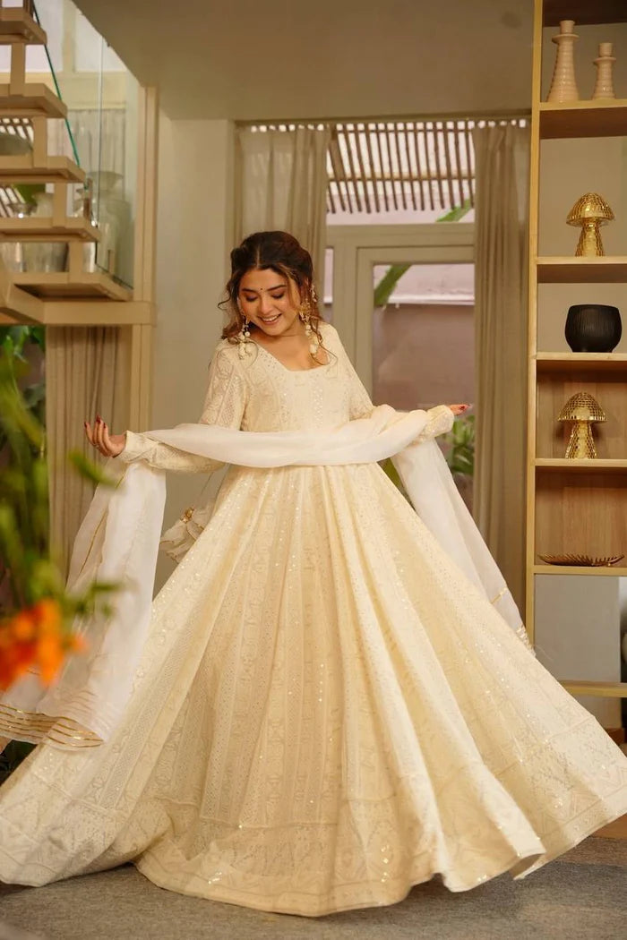 Elegant Ivory Wedding Wear Heavy Embroidered Anarkali Suit