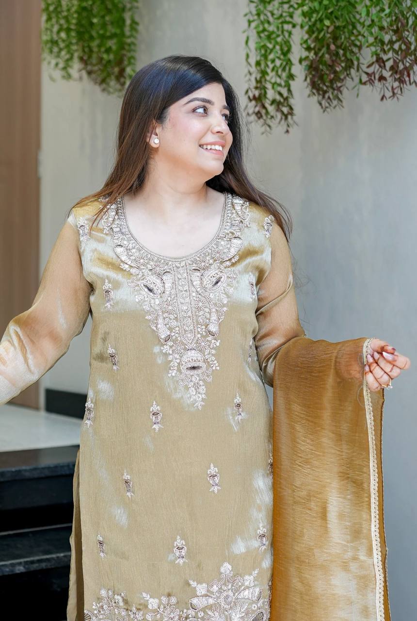 Pure Silky Silk Embroidered Top-Bottom-Dupatta Set