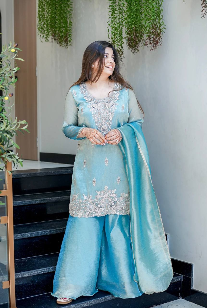 Pure Silky Silk Embroidered Top-Bottom-Dupatta Set
