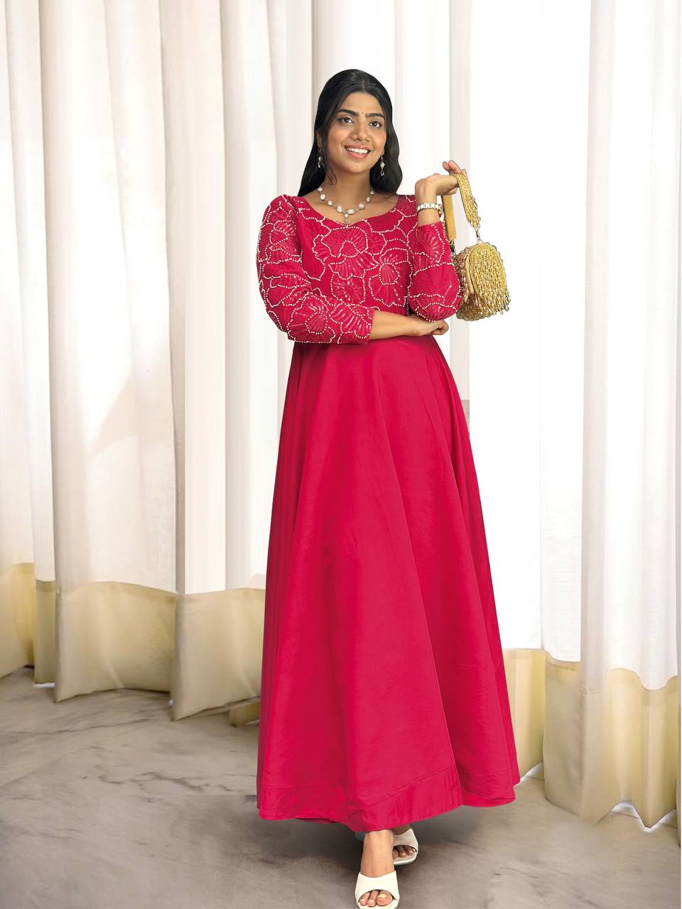 New Partywear Rani Pink Color Heavy Roman Silk Fancy thread embroidery Gown With Pant