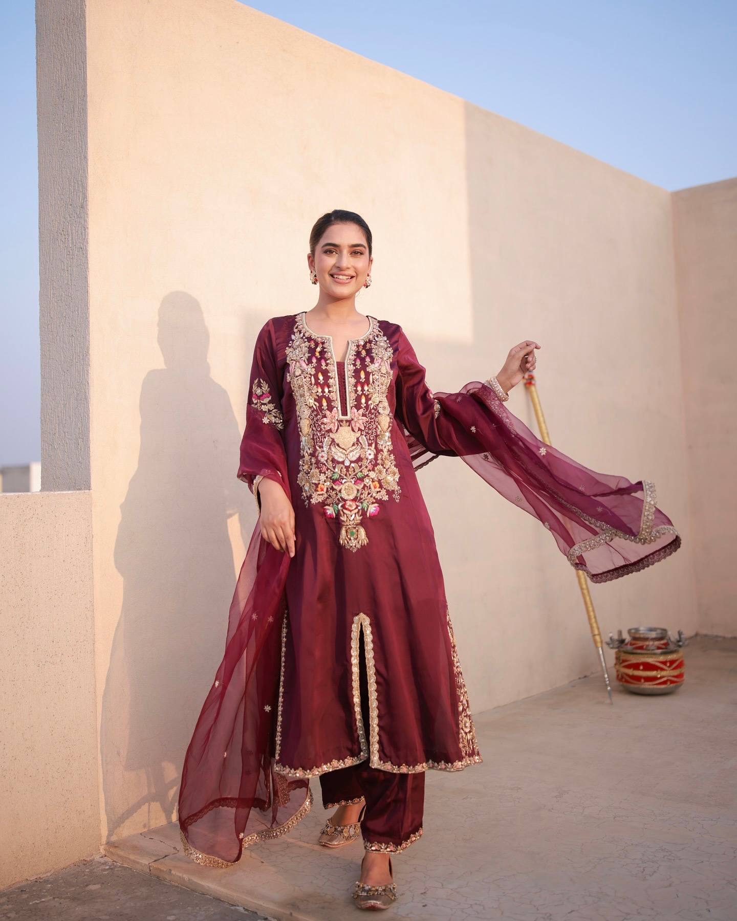 Designer Red color Top & Palazzo with Dupatta with Embroidery Sequence & Dori Work