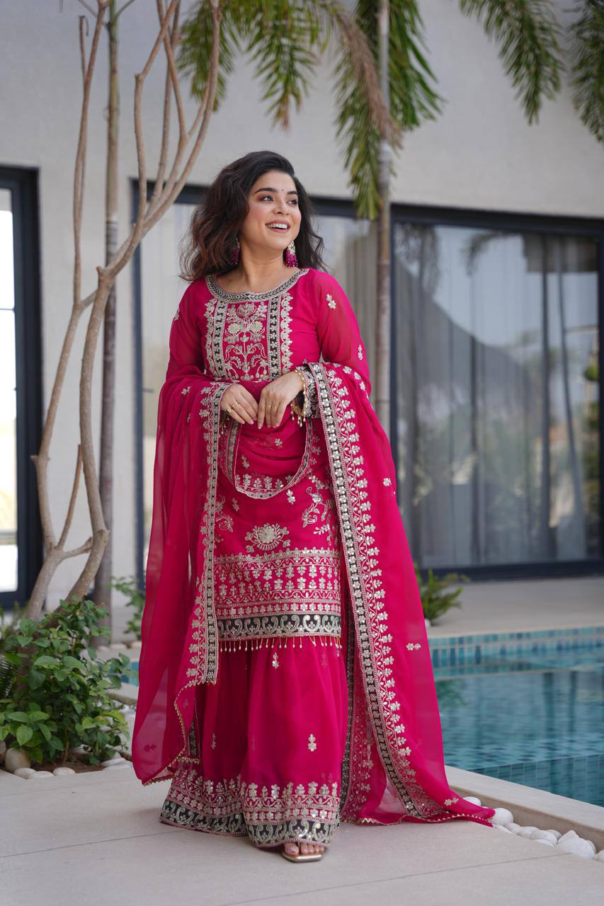 Rani Pink Royal Embroidered Kurta Palazzo Set with Dupatta