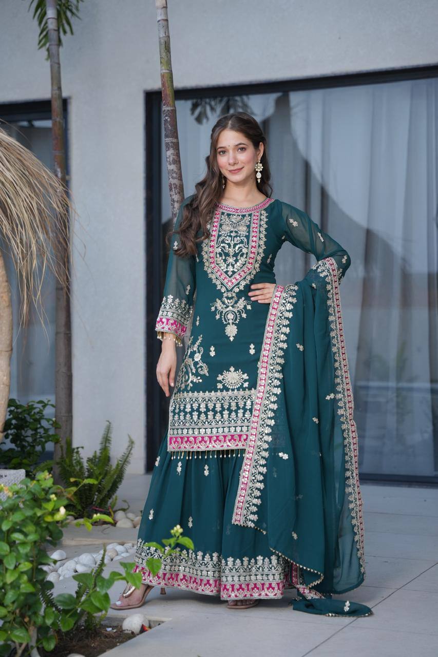 Rama  Royal Embroidered Kurta Palazzo Set with Dupatta
