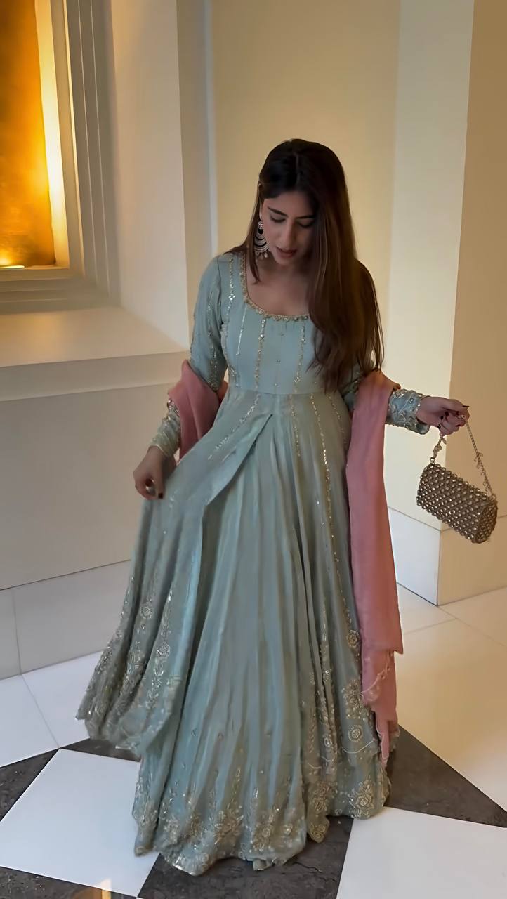 Mint Green Chinon Anarkali Set with Heavy Embroidery & Pink Dupatta