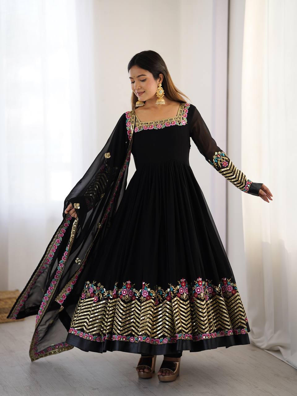New Designer Black Color Premium Heavy Georgette Anarkali Gown With Bottom And Dupatta Set