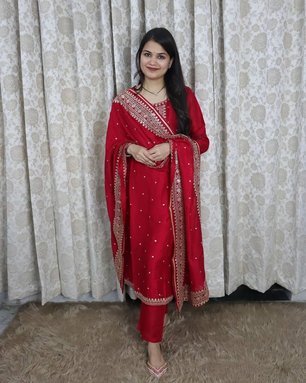 Red Designer Suit With plazzo And Dupatta Set