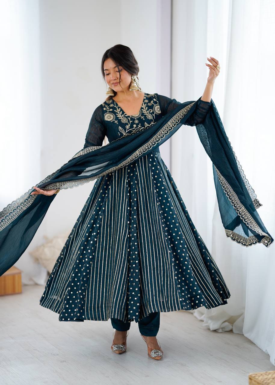 New Partywear Premium Crunchy Silk with a full Flair Anarkali Kurta Set