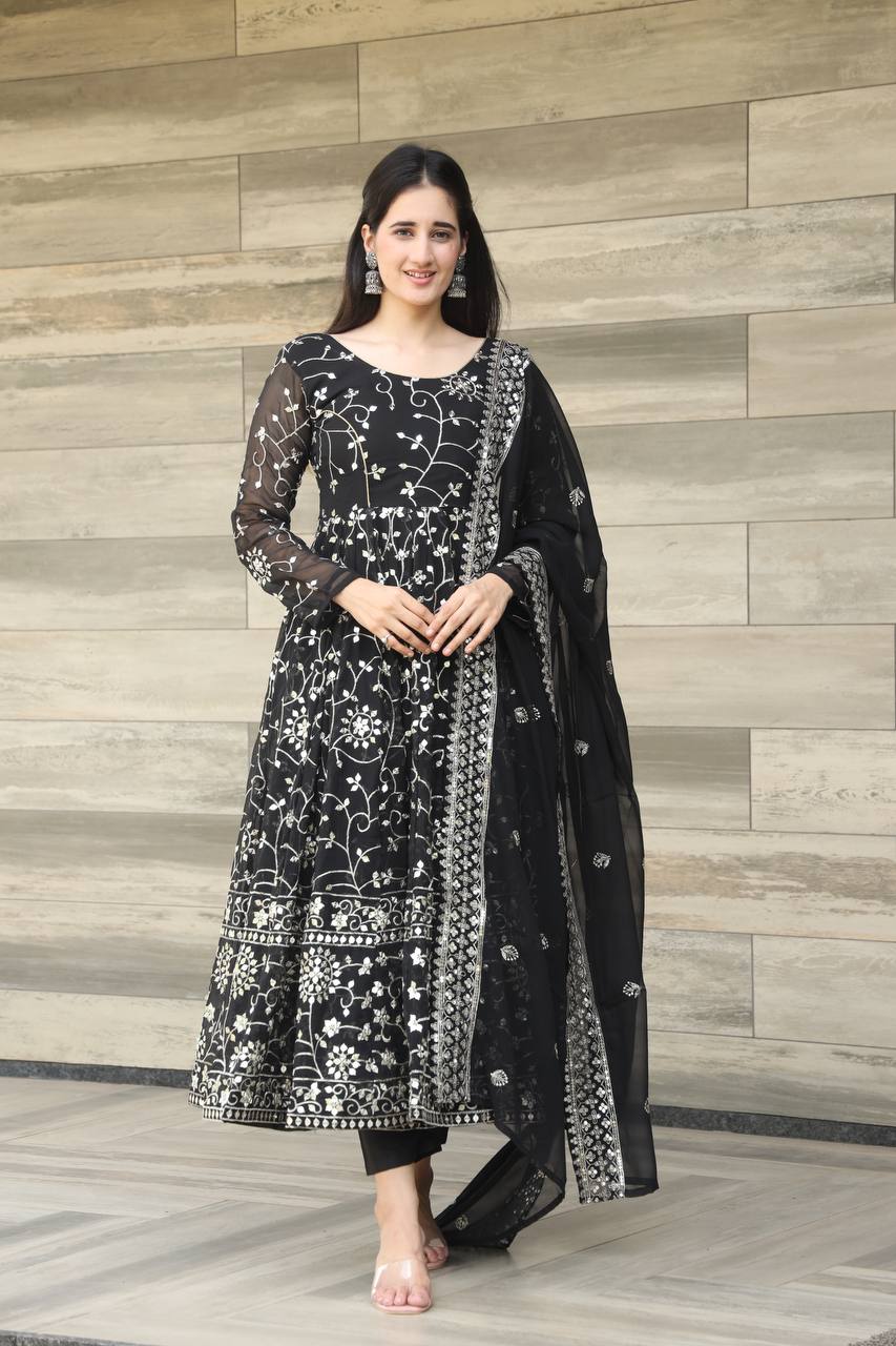 Black Heavy Work Anarkali Suit Set